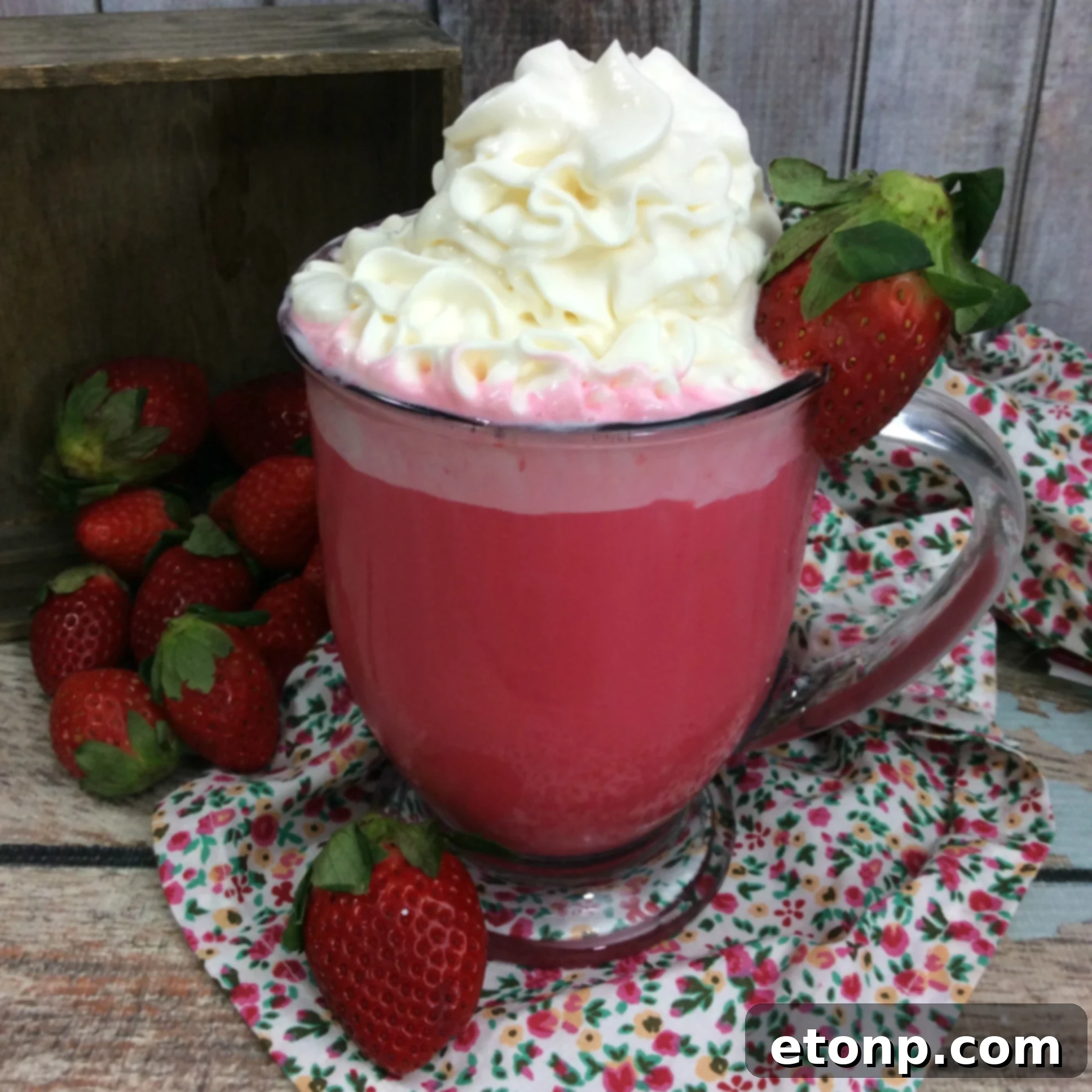Blushing Strawberry White Hot Chocolate 2 A beautifully garnished mug of Strawberry White Hot Cocoa with fresh strawberries and whipped cream, perfect for a cozy winter day.