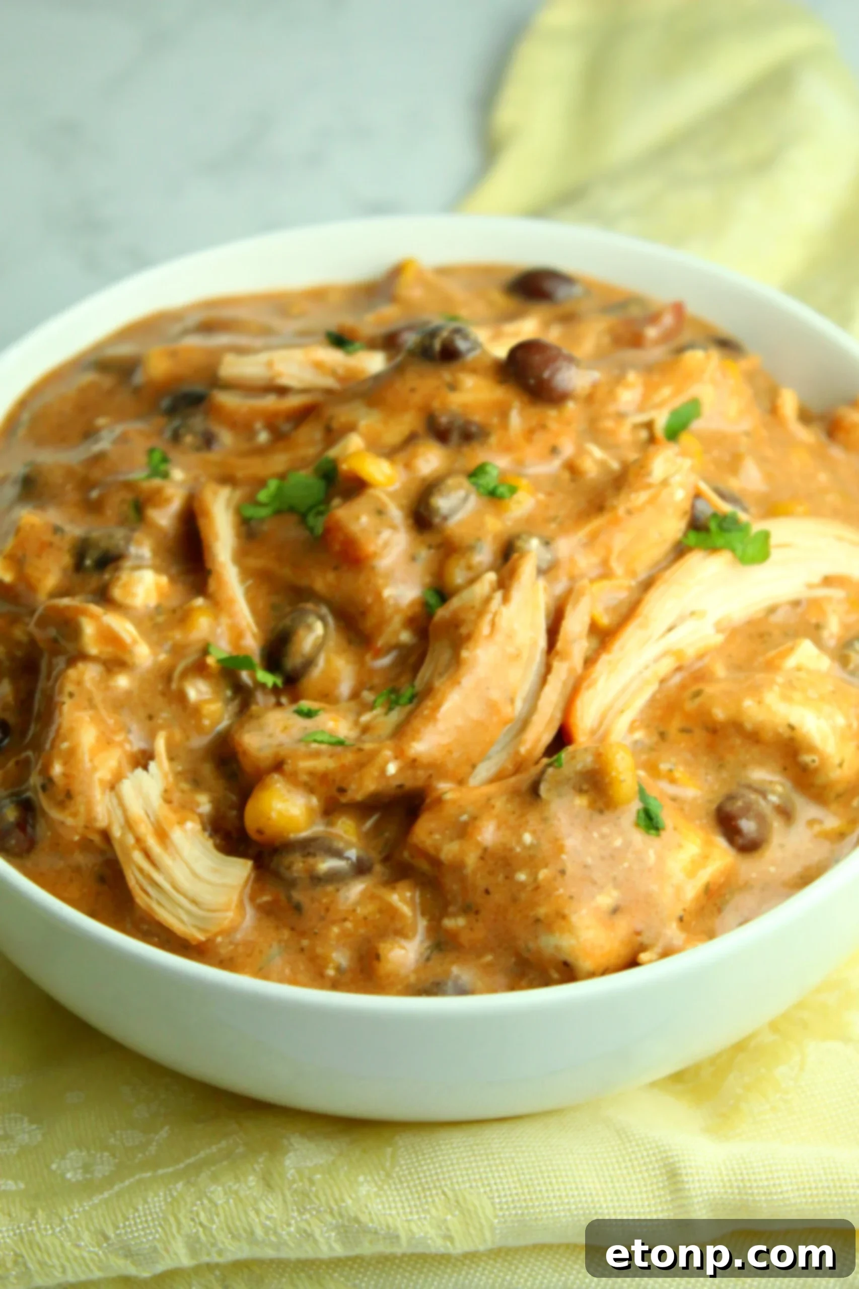 Creamy Slow Cooker Chicken Chili with Cream Cheese 4 Overhead shot of Slow Cooker Cream Cheese Chicken Chili in a slow cooker, showing the vibrant ingredients before cooking.