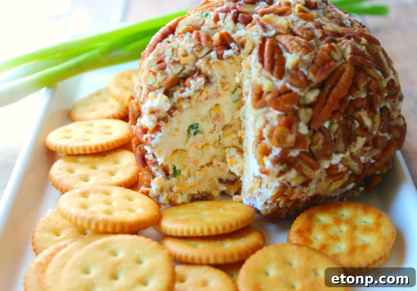 Close-up of Bacon Cheddar Ranch Cheeseball with pecans