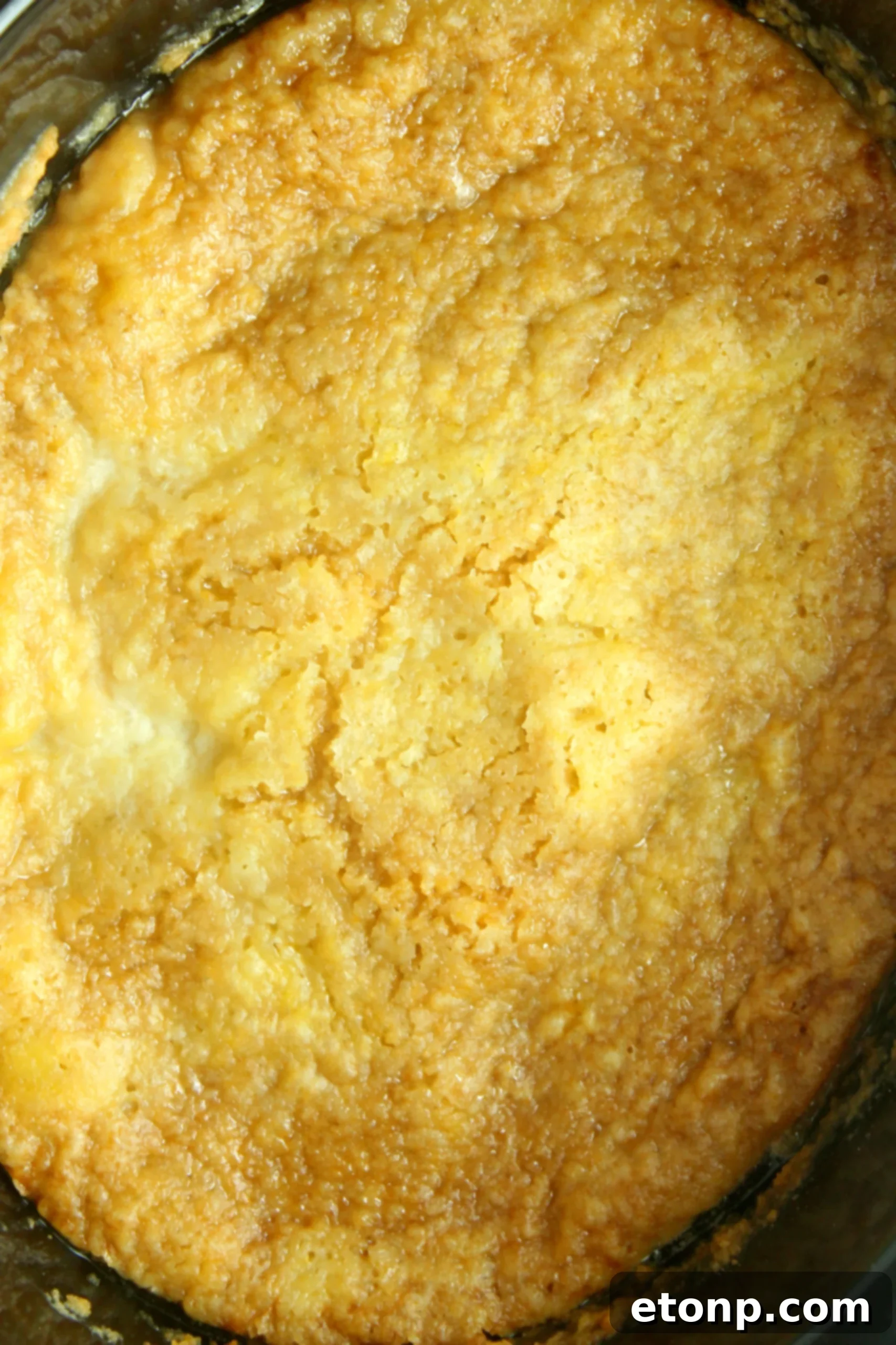 Seven individual servings of slow cooker peach cobbler arranged on a table, ready to be enjoyed