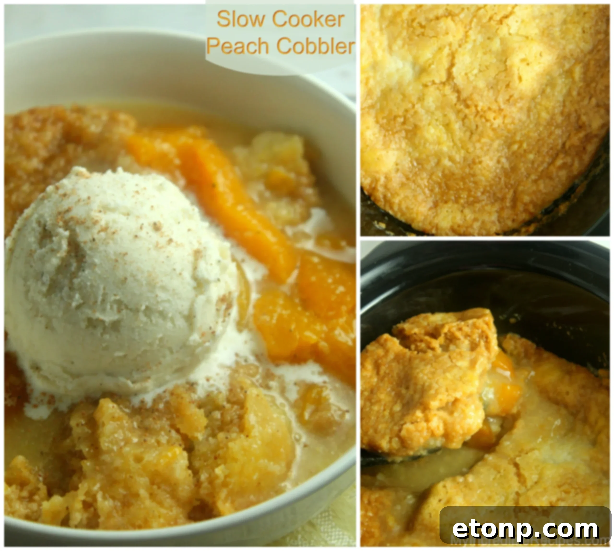 Close-up of a rustic wooden spoon scooping into a warm, gooey peach cobbler