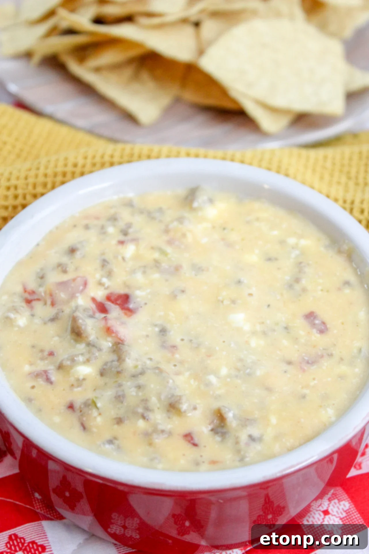 A large bowl of creamy, cheesy sausage dip surrounded by tortilla chips, ready to be served at a party.
