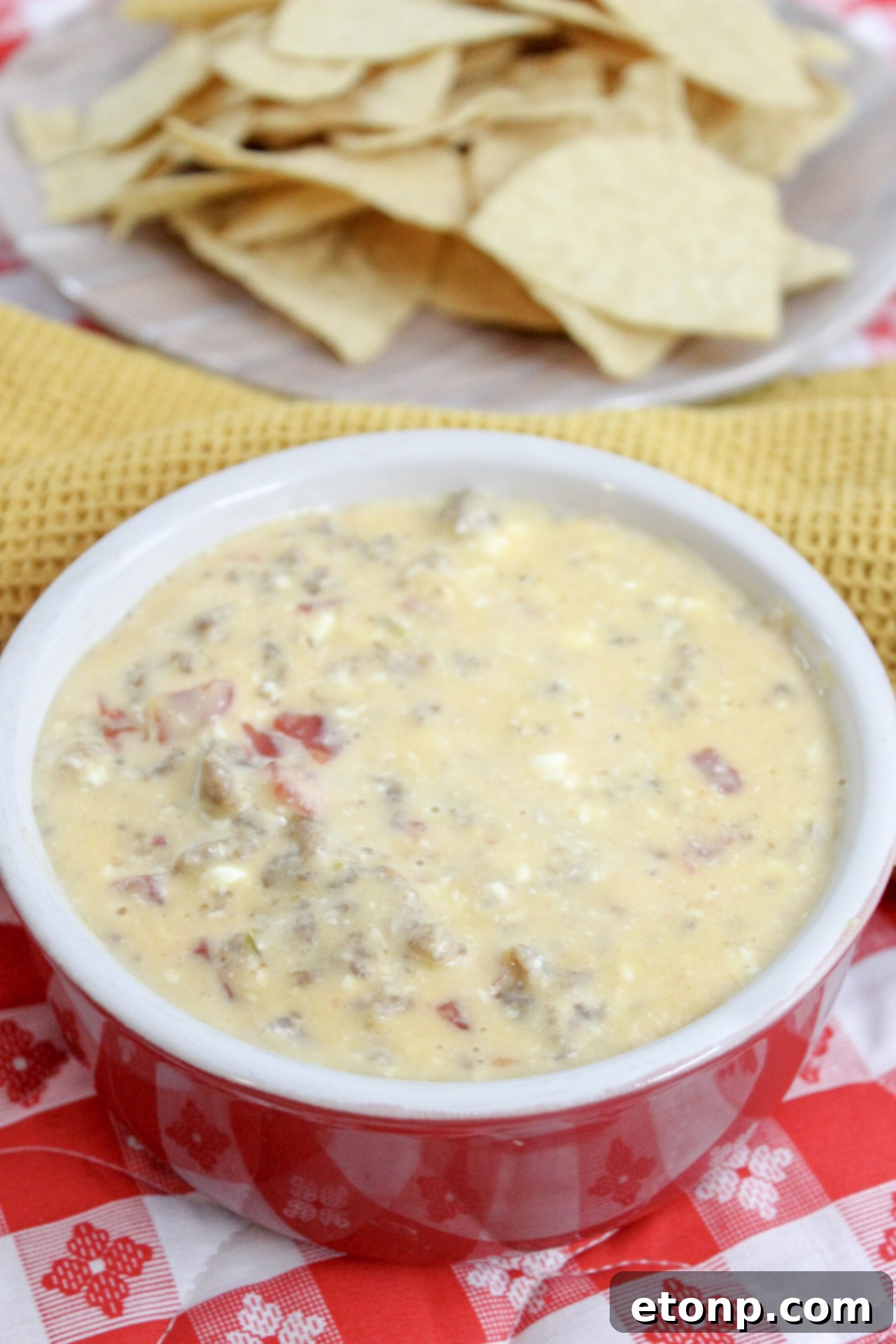 A bowl of warm, bubbling cheesy sausage dip with a spoon, surrounded by an assortment of dippers like tortilla chips and crackers.