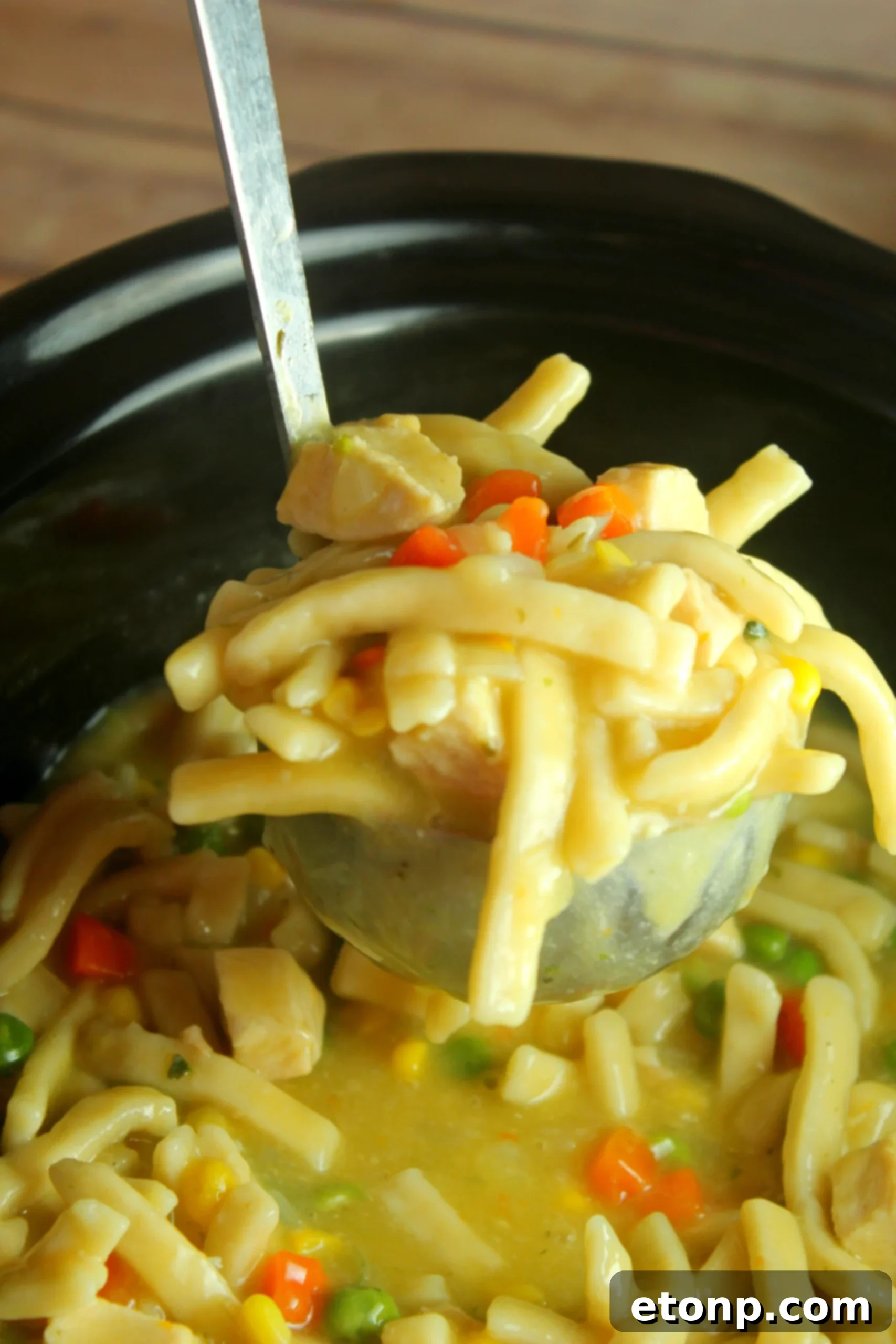 A steaming bowl of creamy slow cooker chicken noodle soup, garnished with fresh herbs, ready to be enjoyed.