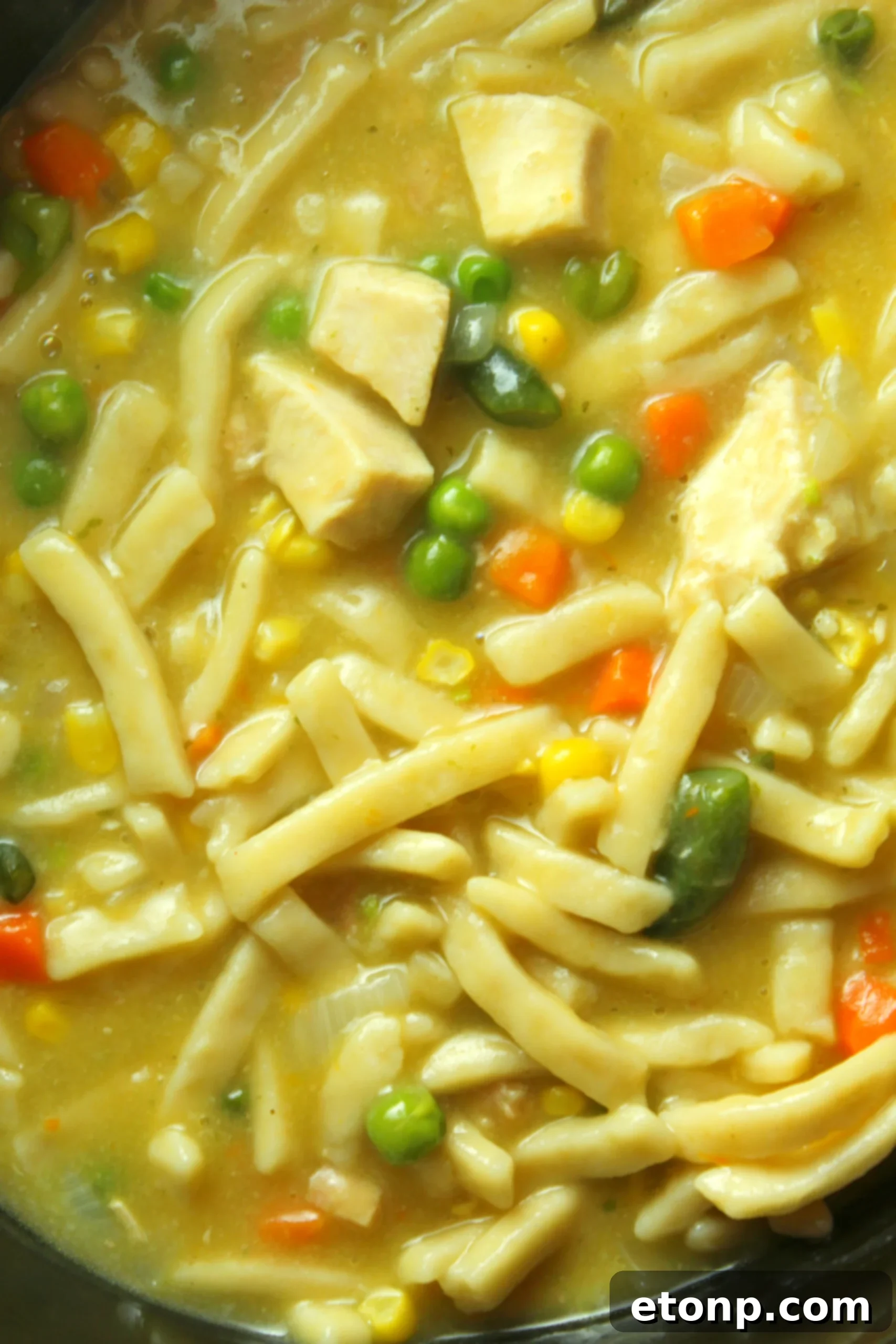 A large, inviting bowl of chicken noodle soup, ideal for a cozy winter family dinner.
