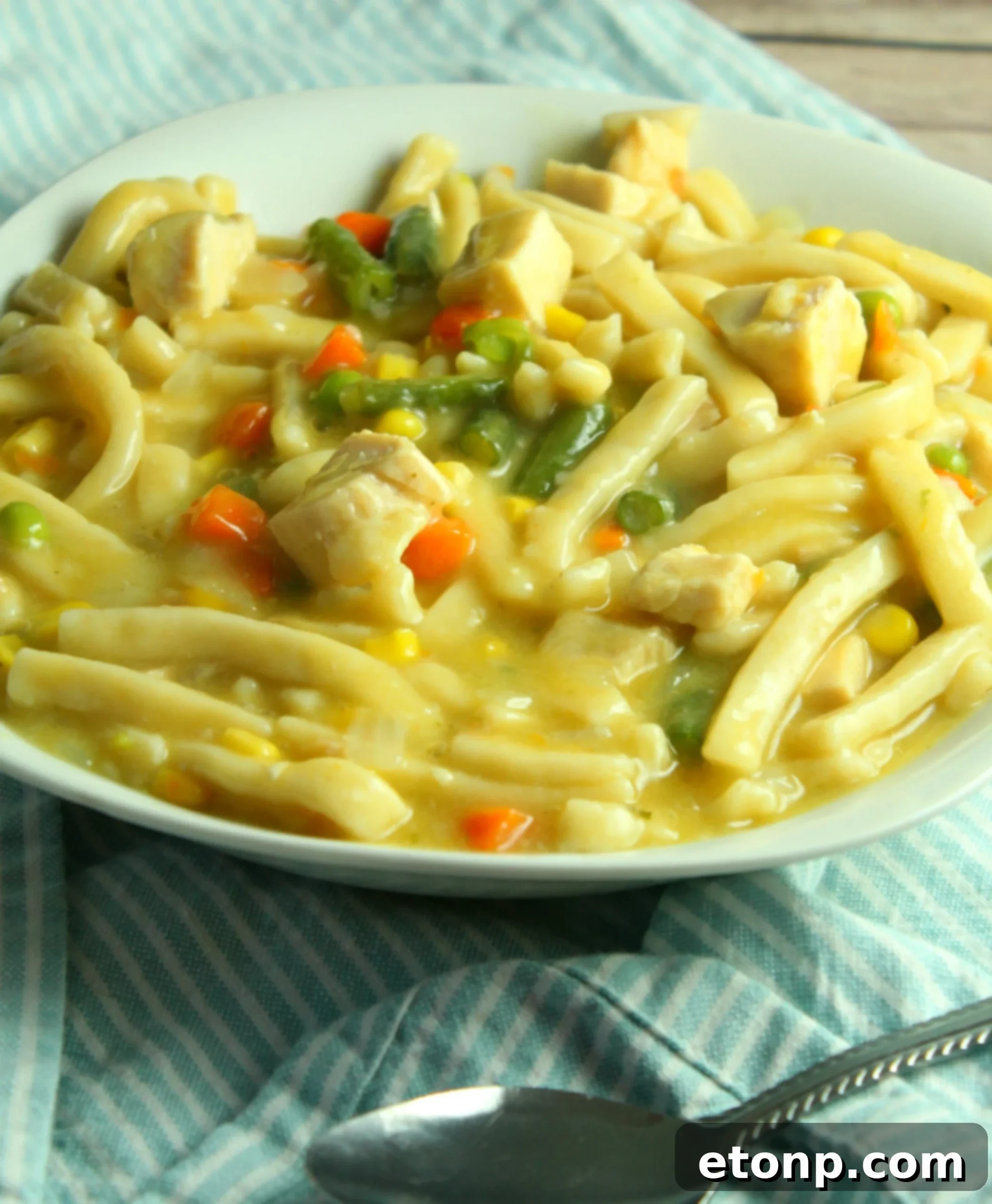 A serving of slow cooker chicken noodle soup in a bowl with a spoon, highlighting the rich broth and ingredients.