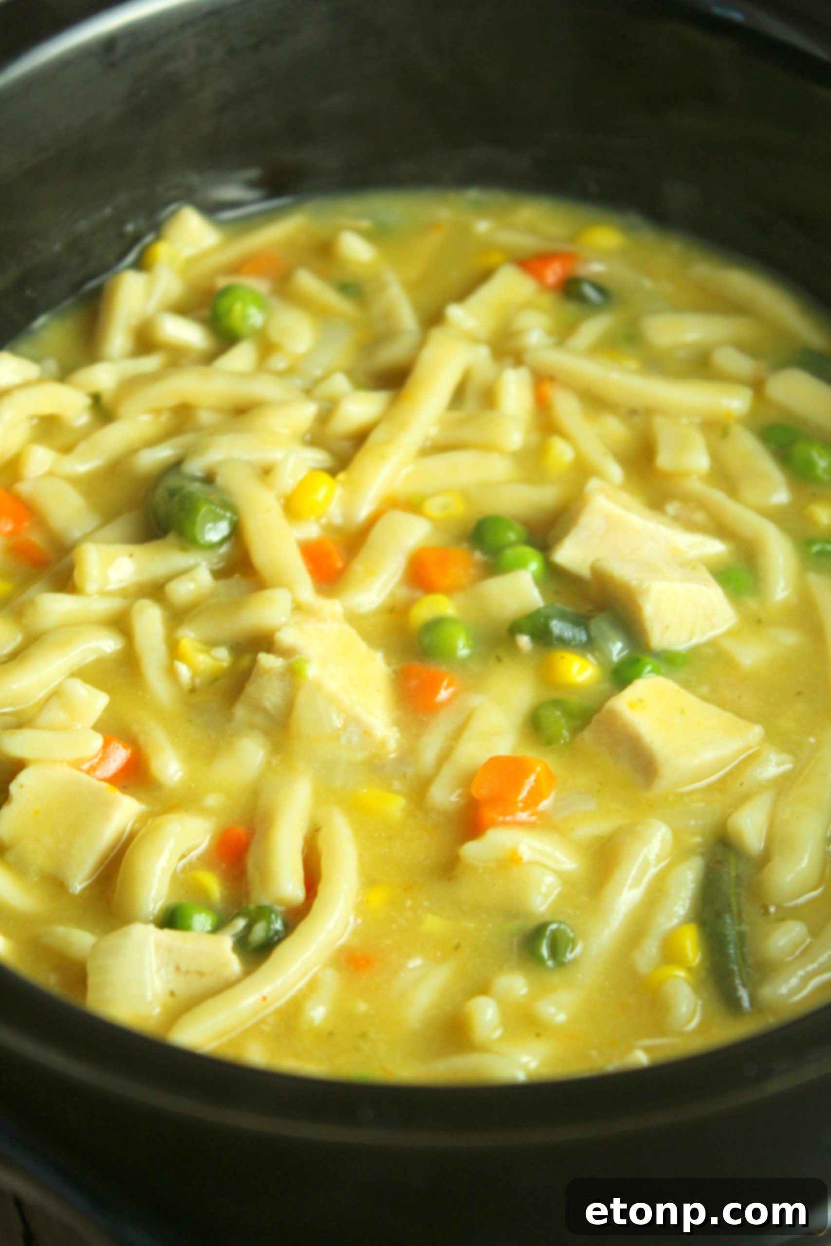 A large pot of slow cooker chicken noodle soup filled with tender chicken, noodles, and vegetables.