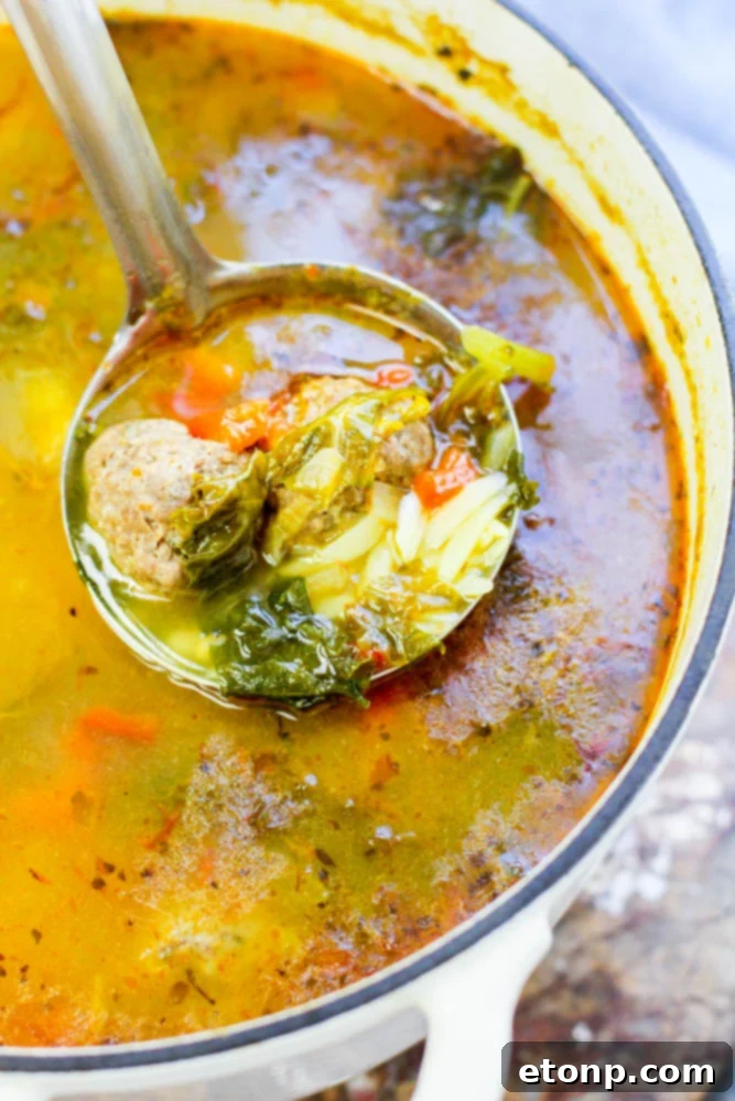 A comforting bowl of Tuscan meatball soup with homemade meatballs and fresh kale, garnished with parsley.