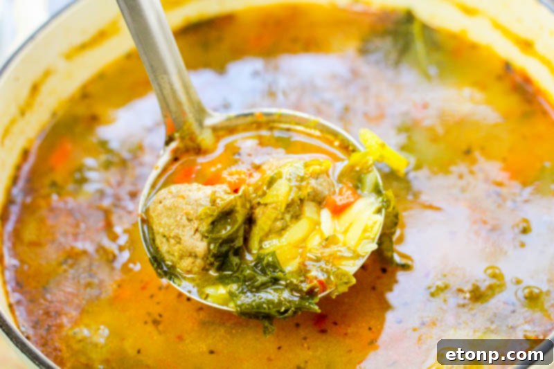 A vibrant bowl of Tuscan meatball soup with homemade meatballs, orzo, and kale, garnished with fresh parsley.