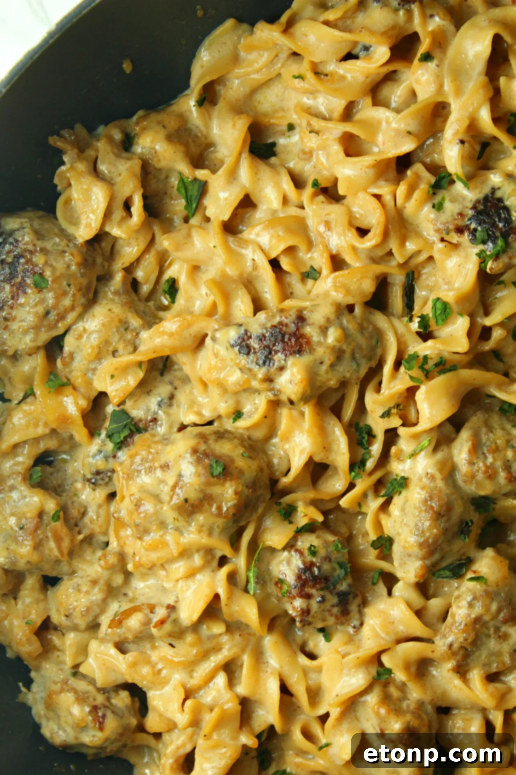 Ingredients for Creamy French Onion Sausage Pasta including sausage, onions, and pasta