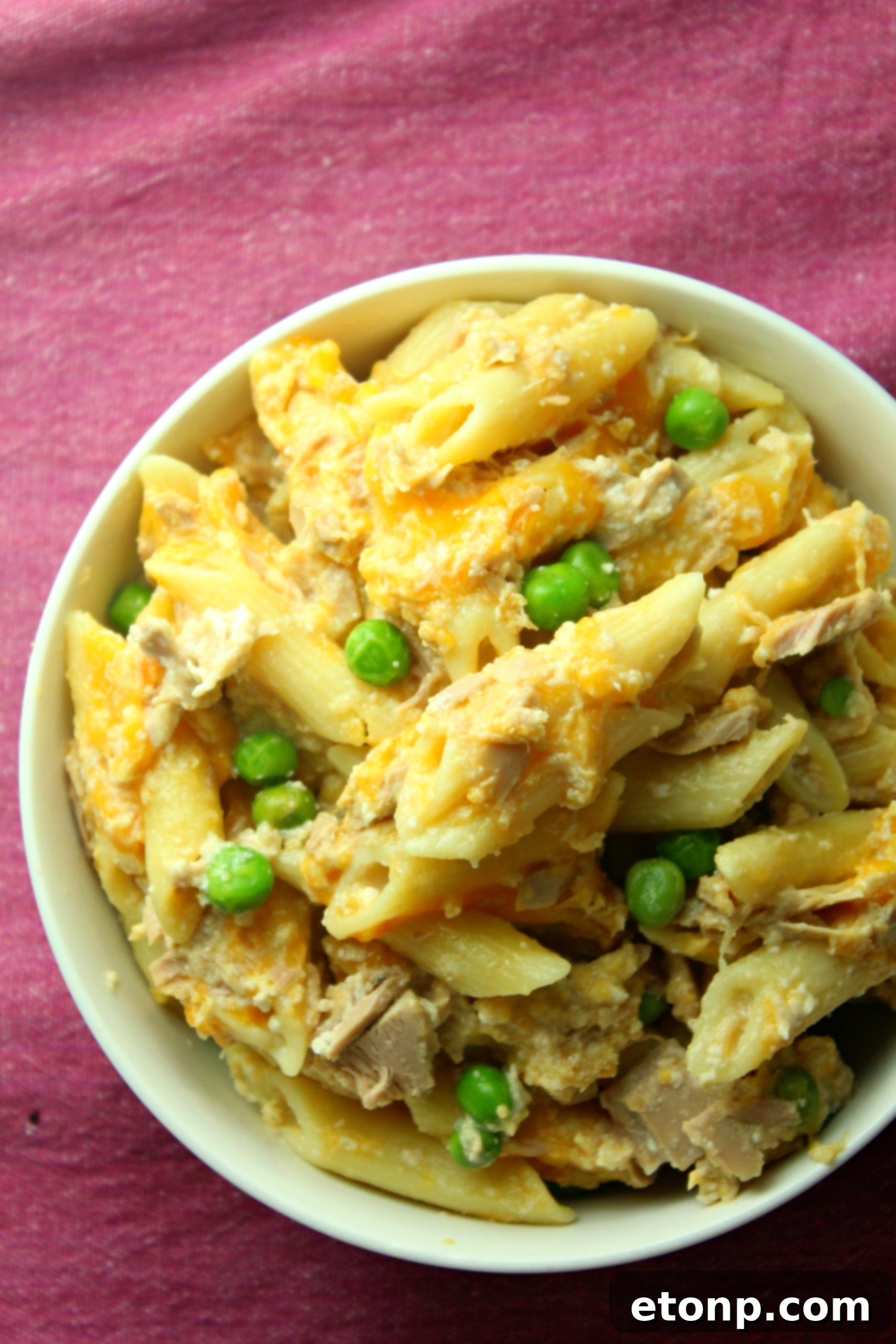 Close-up of Cheesy Tuna Casserole with visible creamy sauce and pasta