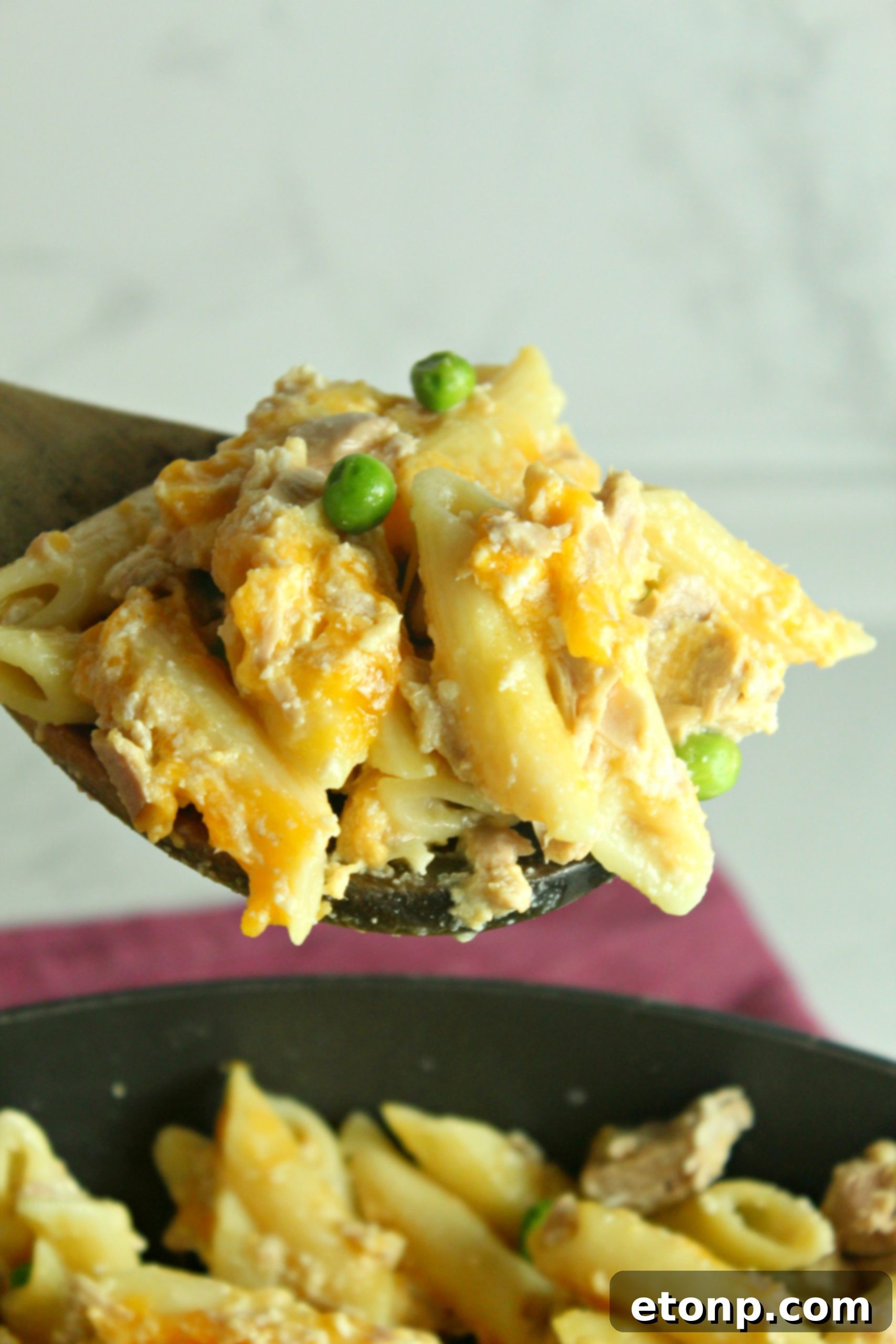 A hearty serving of Cheesy Tuna Casserole, showcasing its delicious appeal