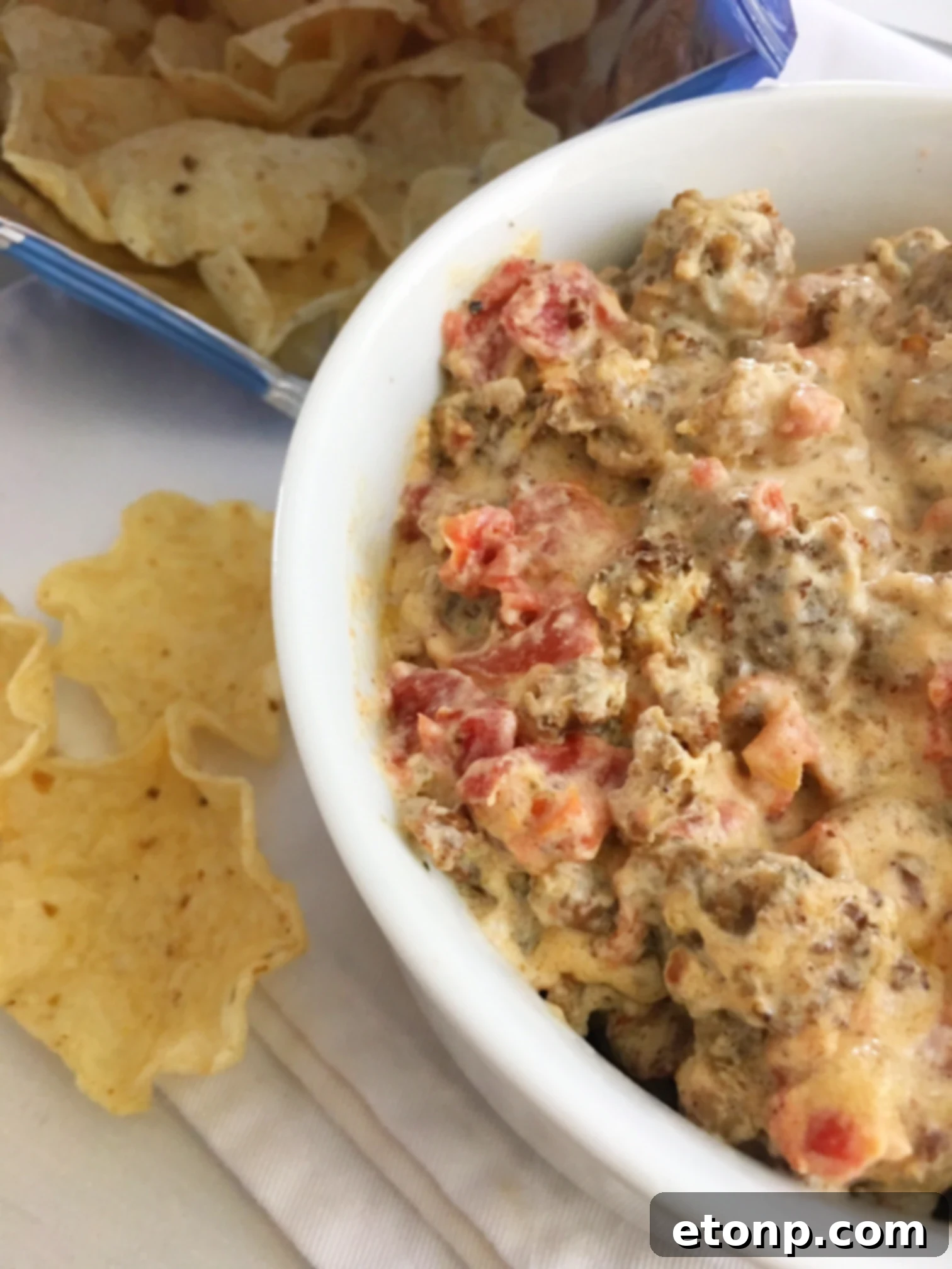 A close-up shot of a creamy, warm spicy sausage dip in a white bowl, garnished with fresh cilantro, ready to be served with tortilla chips.