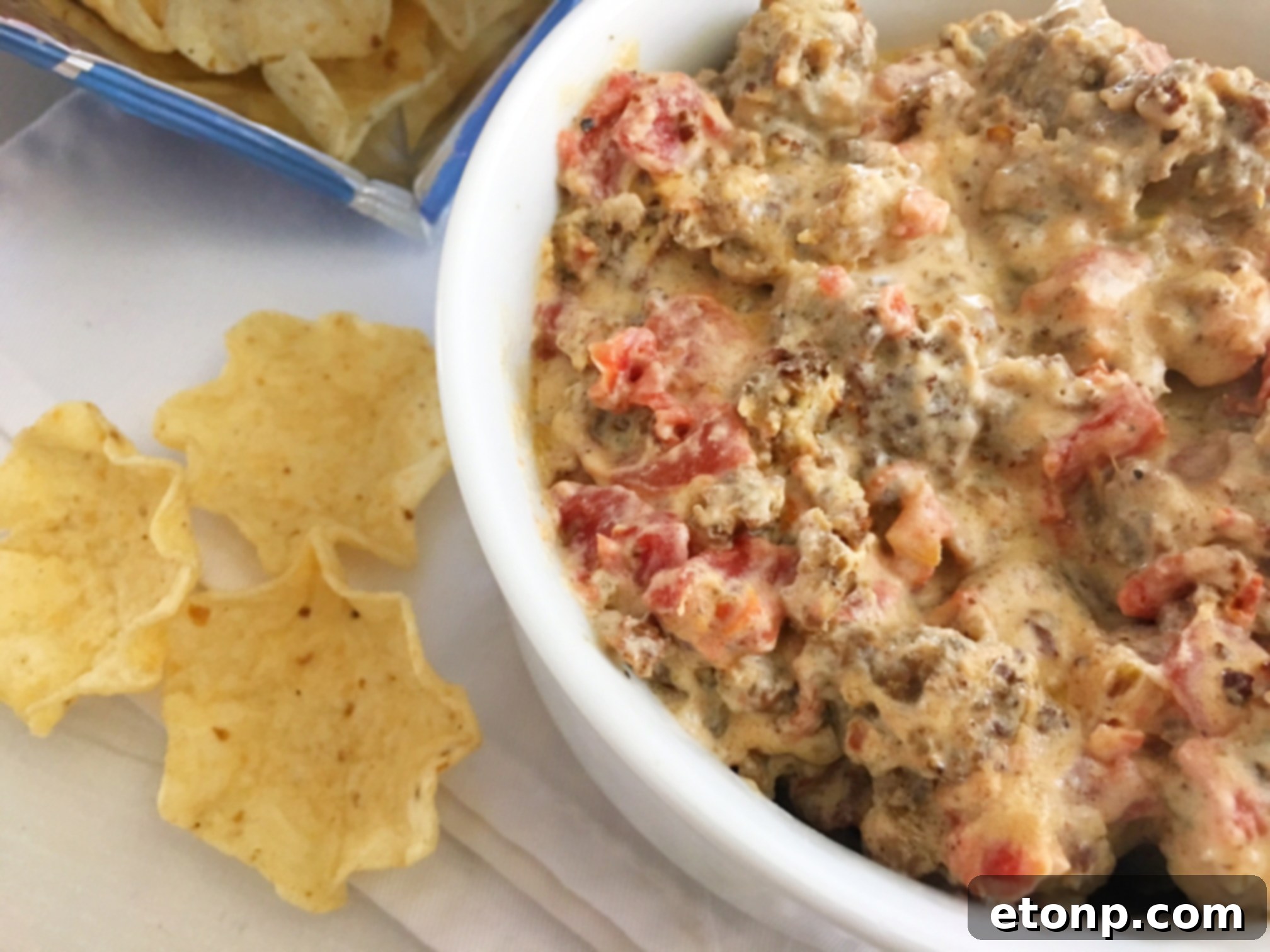 A wider shot of the spicy sausage dip, still in the skillet, accompanied by a generous pile of colorful tortilla chips and a sprig of fresh herbs.