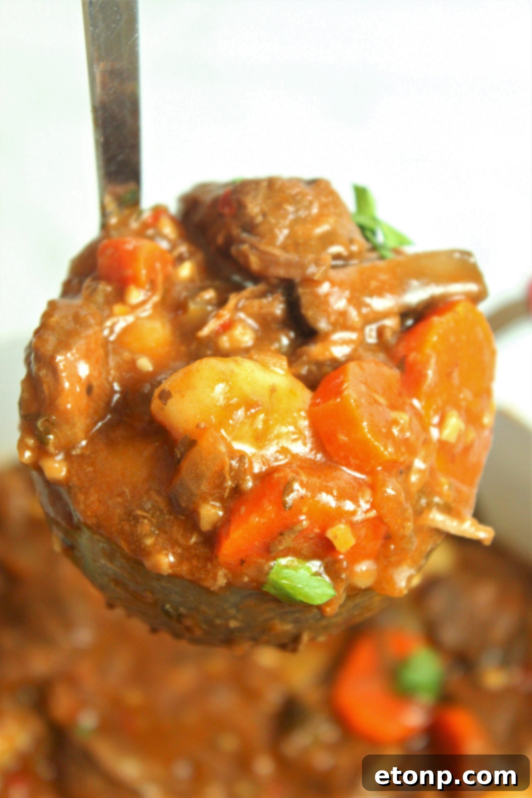 An appetizing close-up of chunky beef and gnocchi soup, showcasing the rich broth, vegetables, and gnocchi.