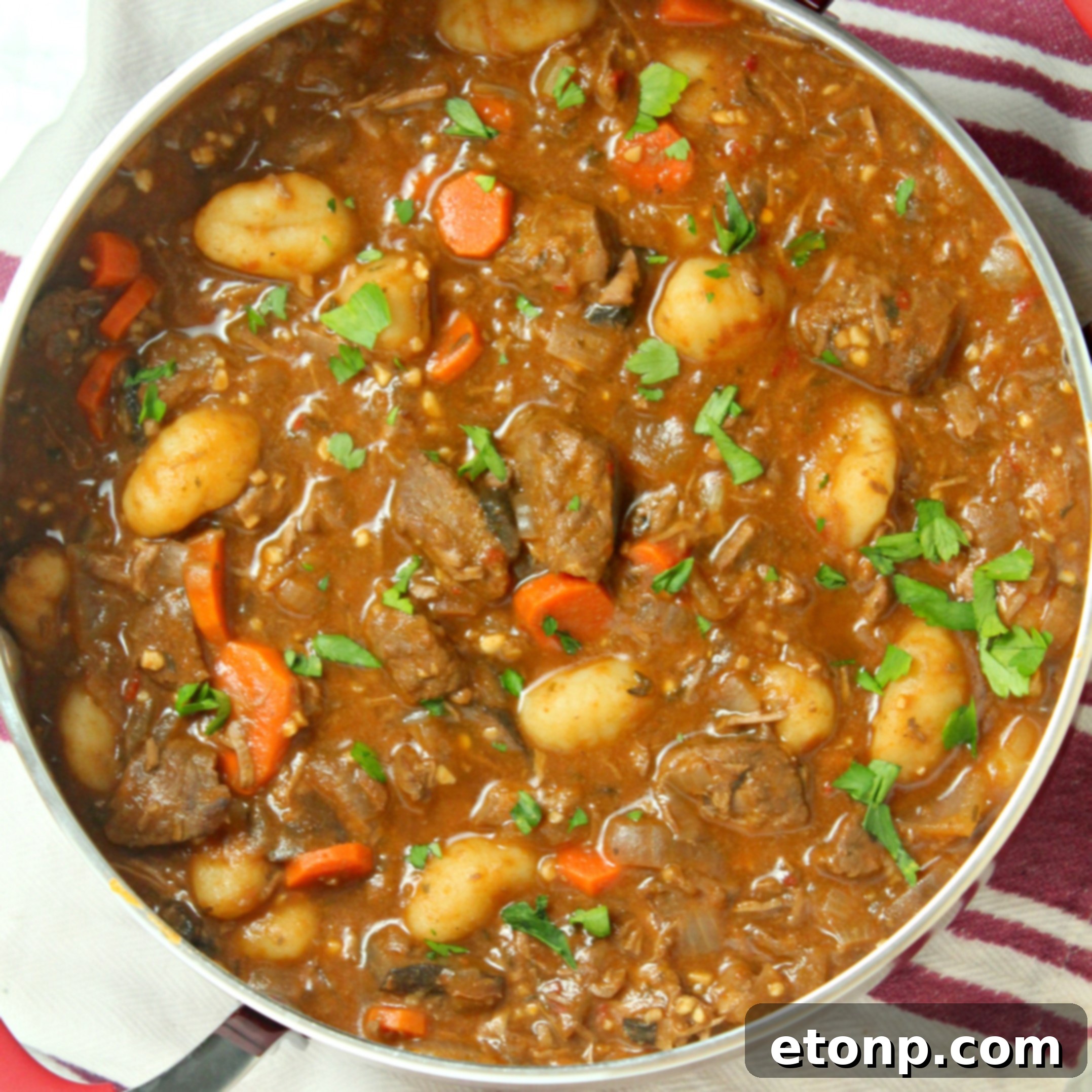 Close-up of a rustic bowl filled with chunky beef and gnocchi soup, highlighting the tender beef and plump gnocchi.
