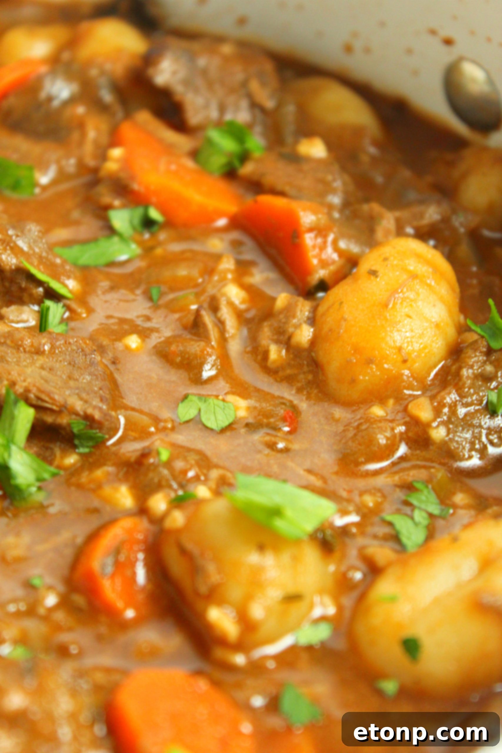 A serving of chunky beef and gnocchi soup poured over mashed potatoes, showcasing its rich texture and hearty appeal.