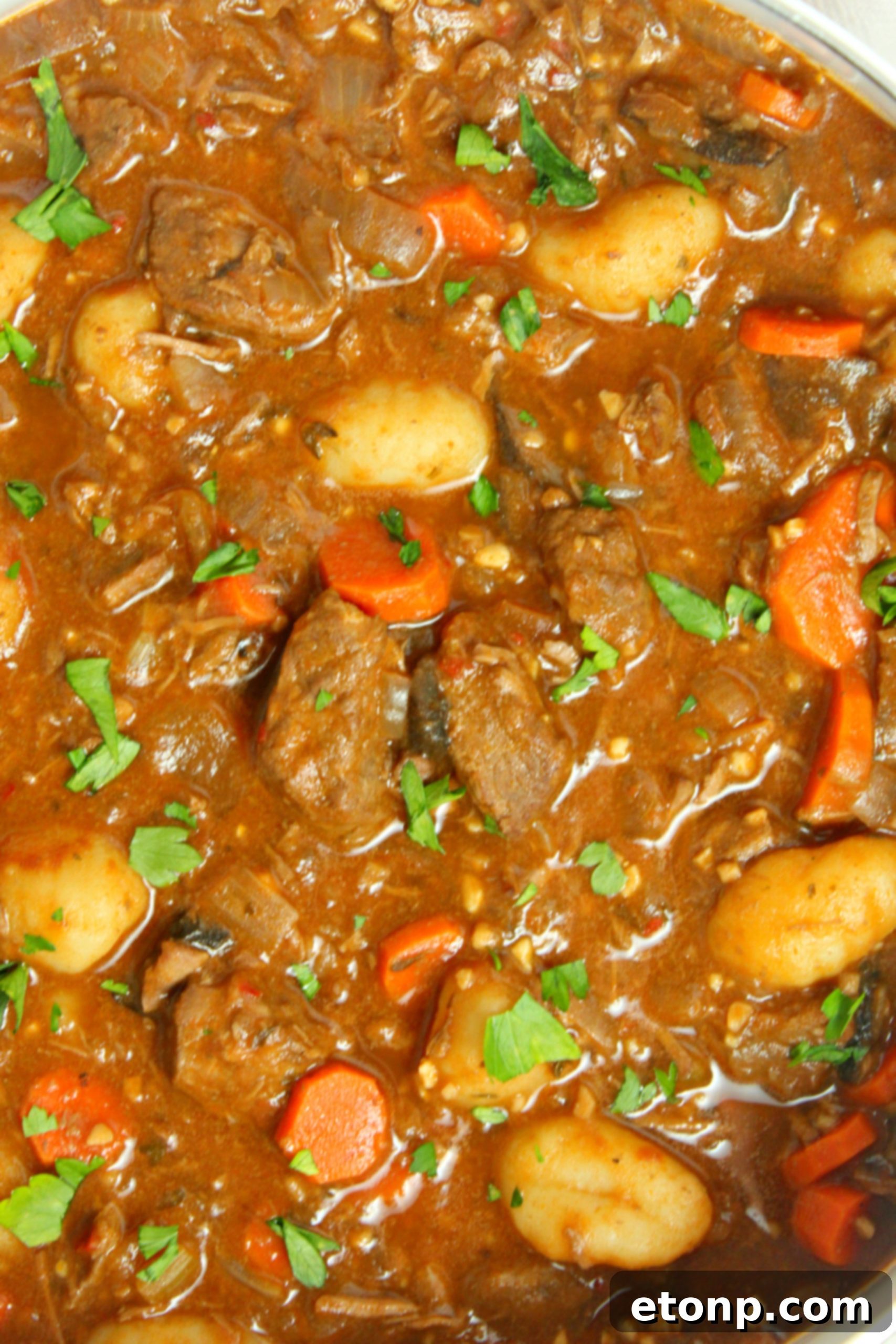 A close-up overhead shot of the hearty chunky beef and gnocchi soup, ready to be served.