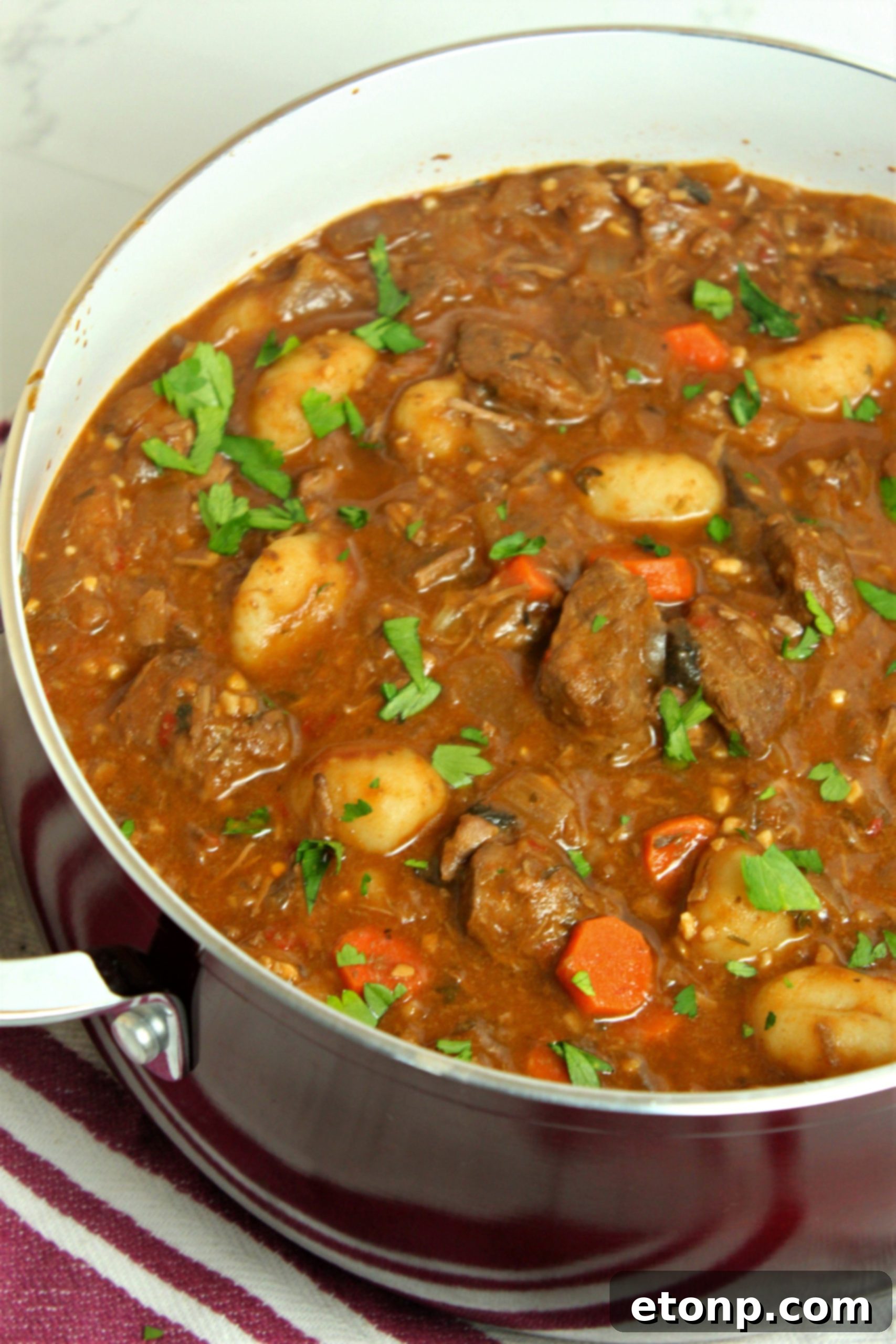 A bowl of chunky beef and gnocchi soup, garnished with fresh herbs, ready to be served.