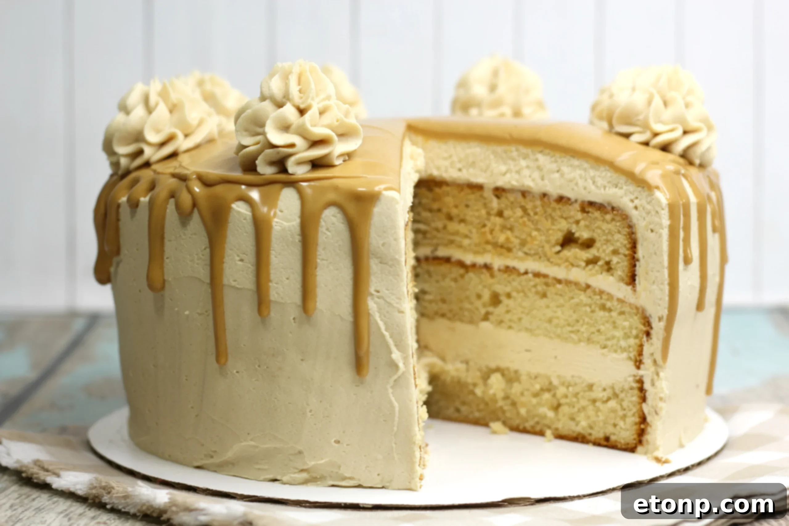 Sinfully Good Peanut Butter Cake 8 An overhead view of the peanut butter layered cake, adorned with piped frosting swirls and a smooth peanut butter center.