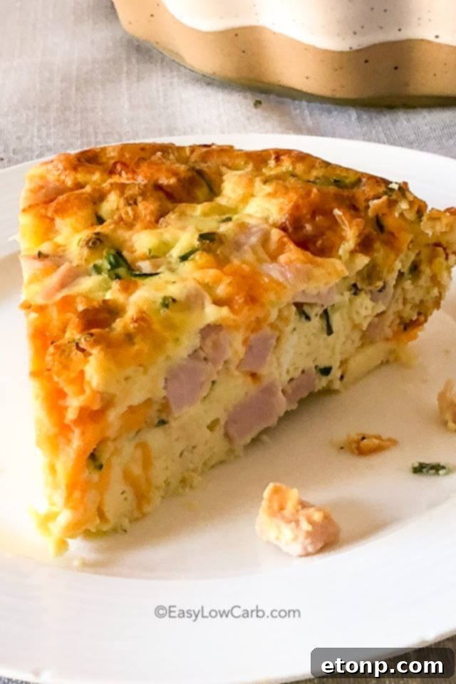 Crustless Ham and Cheese Quiche cut into slices