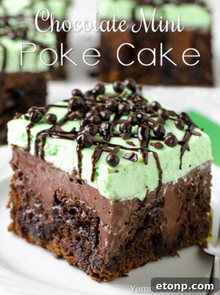 Slice of Chocolate Mint Poke Cake with layers of chocolate and green mint