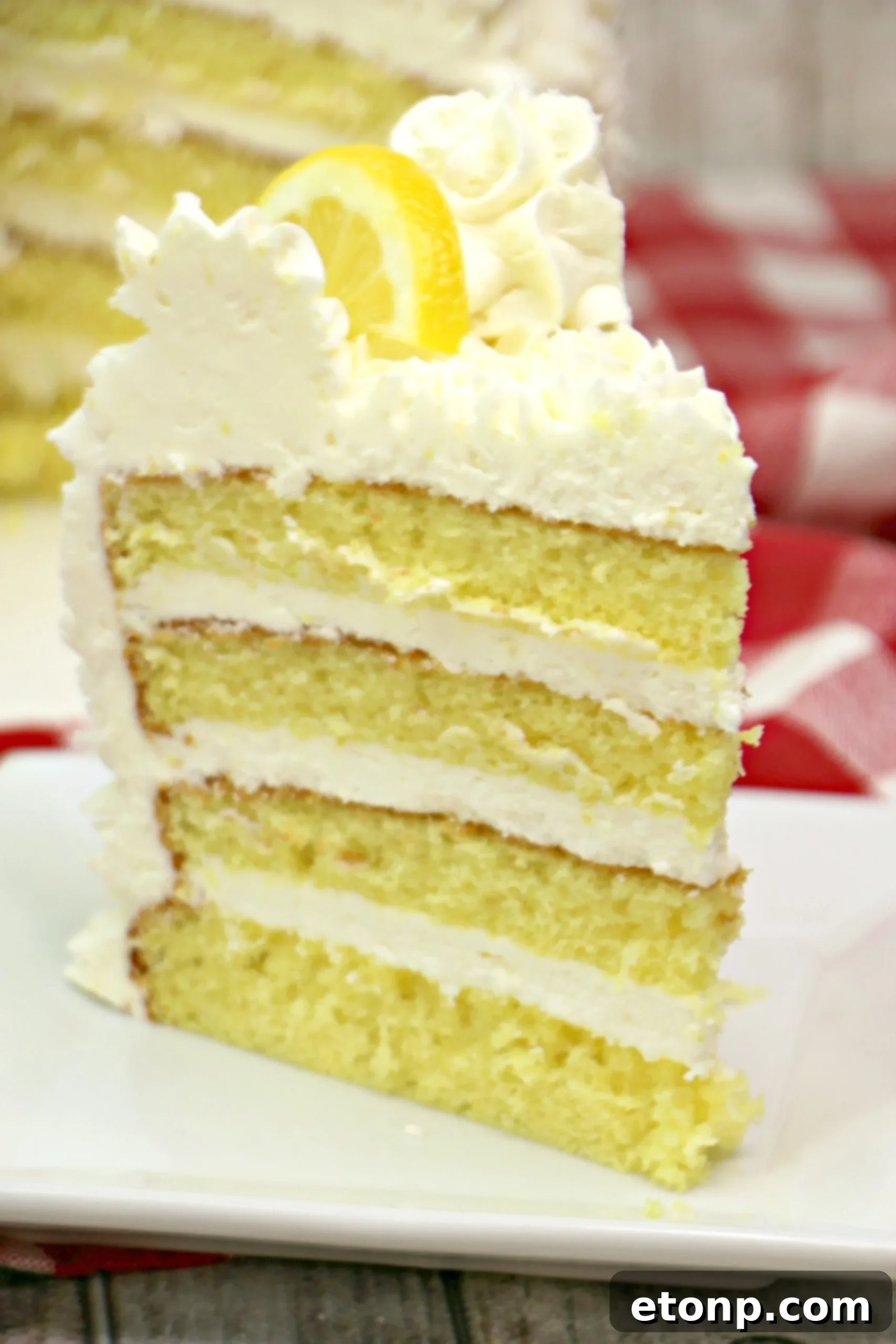 A beautifully decorated three-layer Italian Lemon Drop Cake topped with generous swirls of lemon buttercream frosting and fresh lemon slices.
