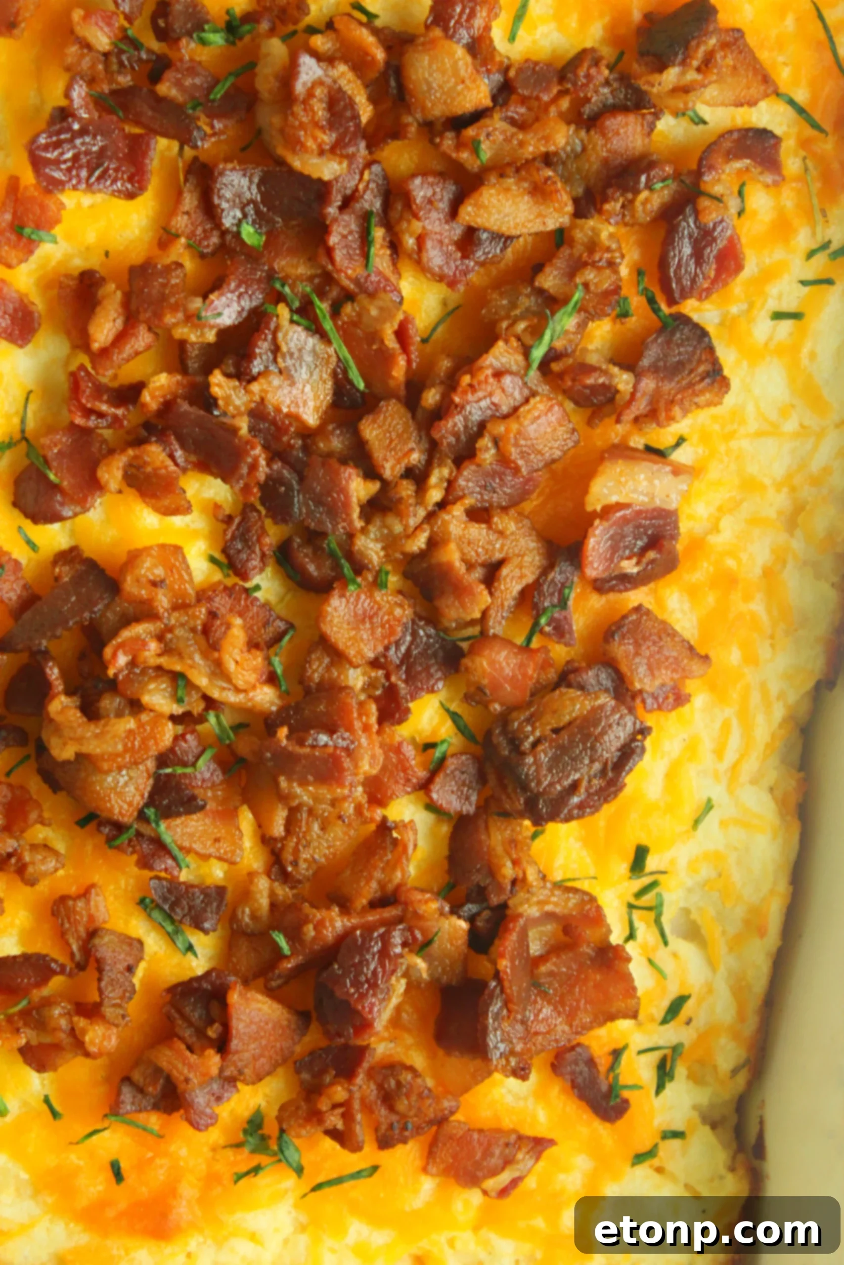 Ultimate Loaded Mashed Potato Casserole 2 A close-up of a generously topped Loaded Mashed Potato Casserole, showcasing crispy bacon bits and melted cheese over a creamy potato base.