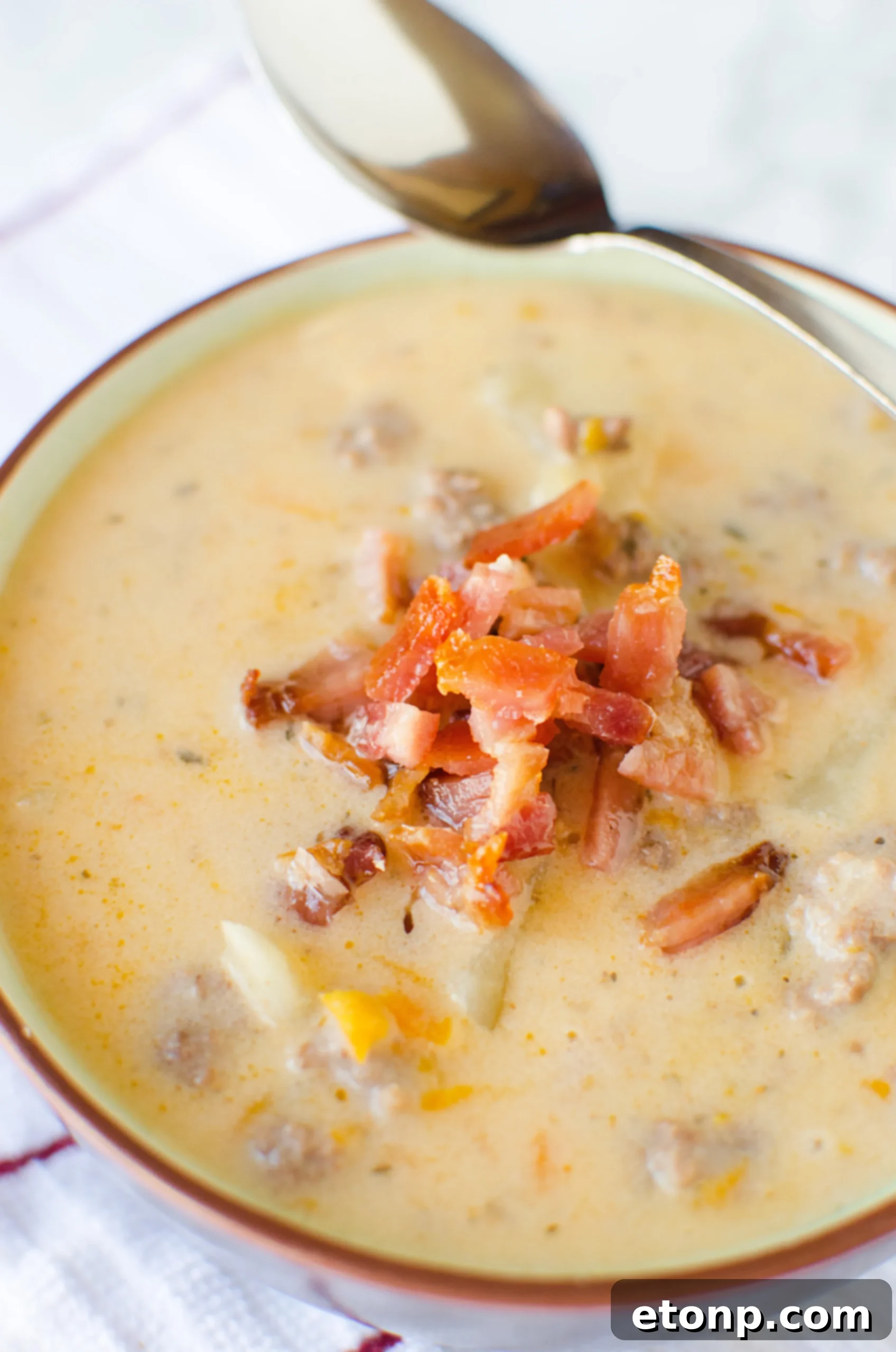 A bowl of creamy Slow Cooker Cheeseburger Soup, garnished with fresh herbs, ready to be enjoyed.