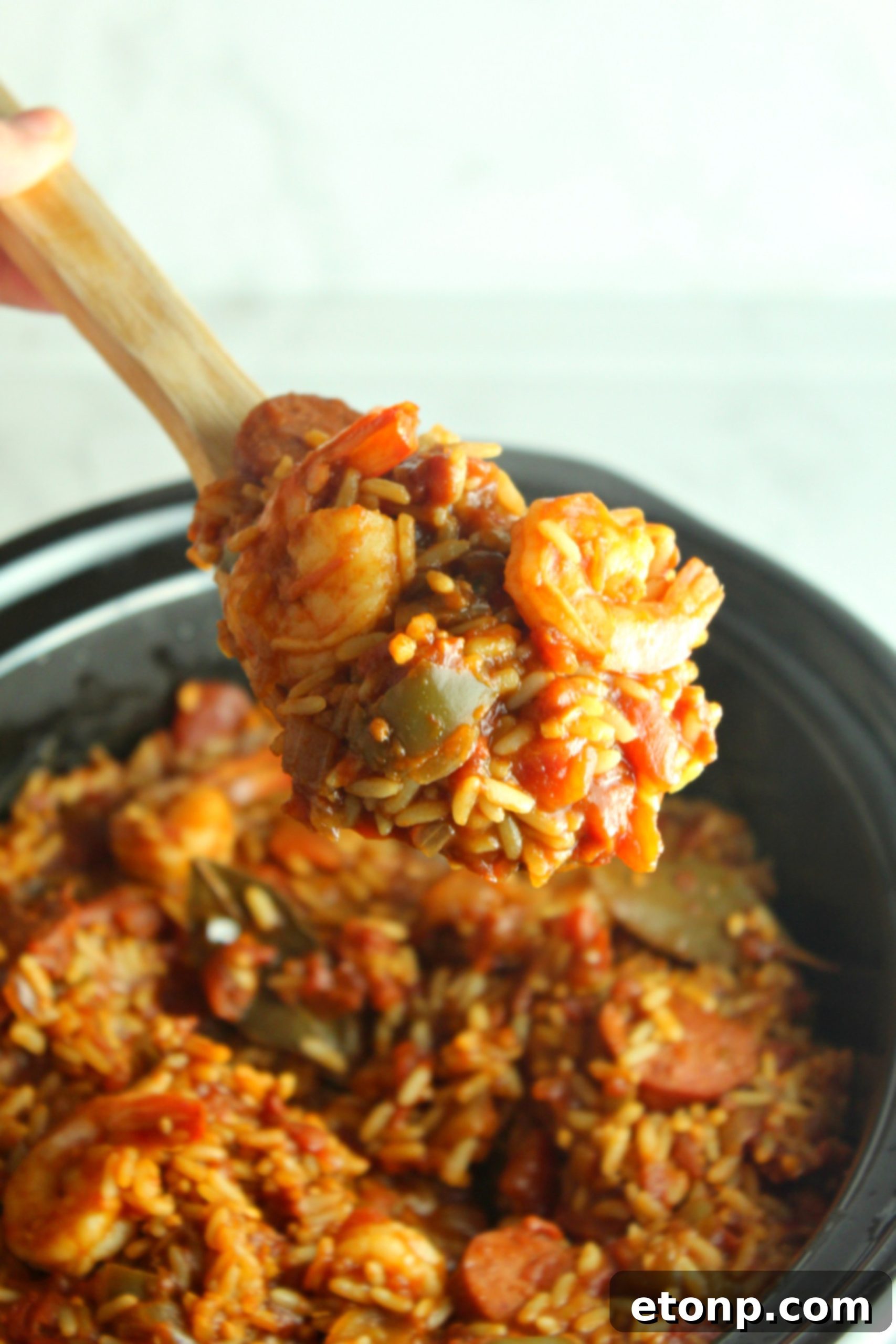 A closer look at the delicious sausage and shrimp mixed into the Slow Cooker Jambalaya