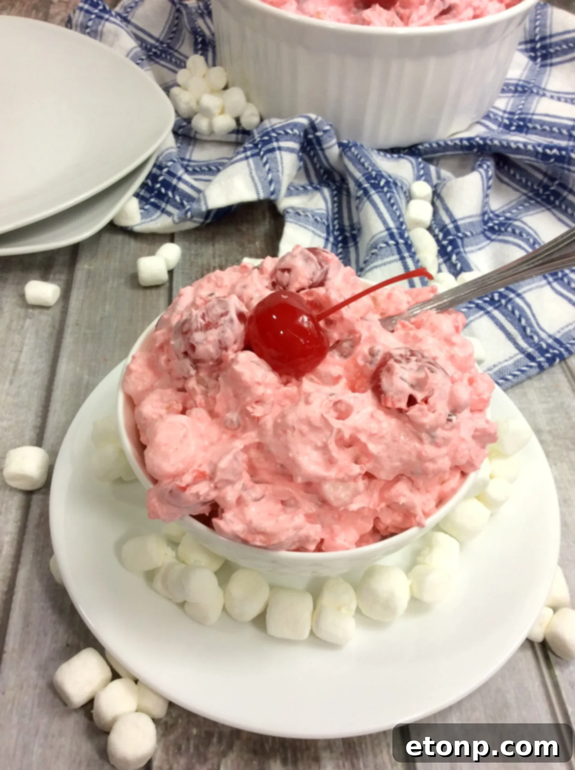 A vibrant bowl of Cherry Fluff Salad, garnished with fresh cherries, ready to serve.