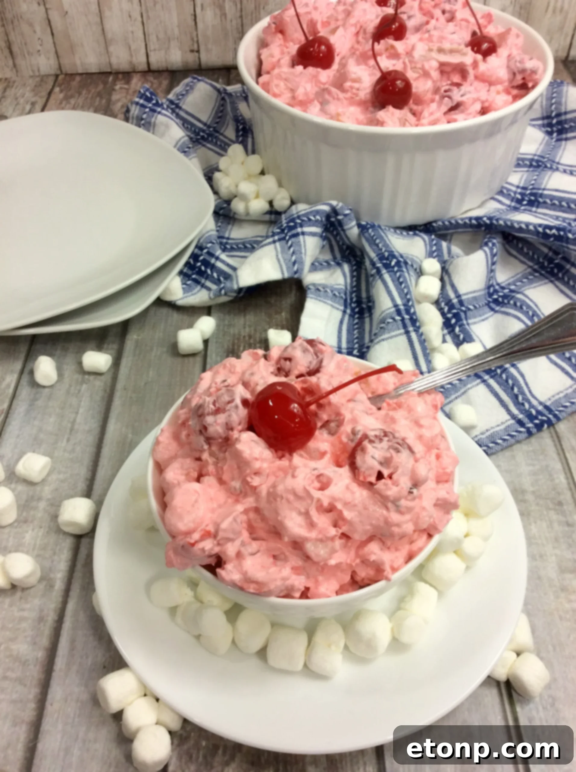 Final presentation of Cherry Fluff Salad, ready to be enjoyed as a sweet treat.
