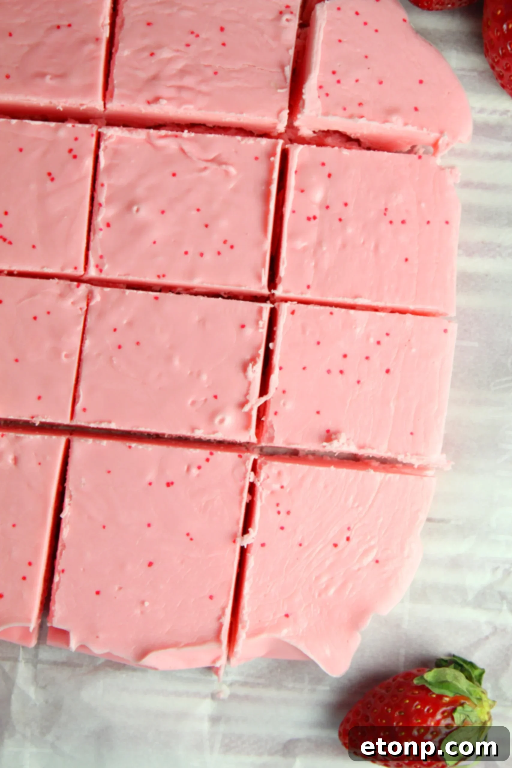 Effortless Strawberry Two-Ingredient Fudge 4 Another perspective of strawberry no-bake fudge squares