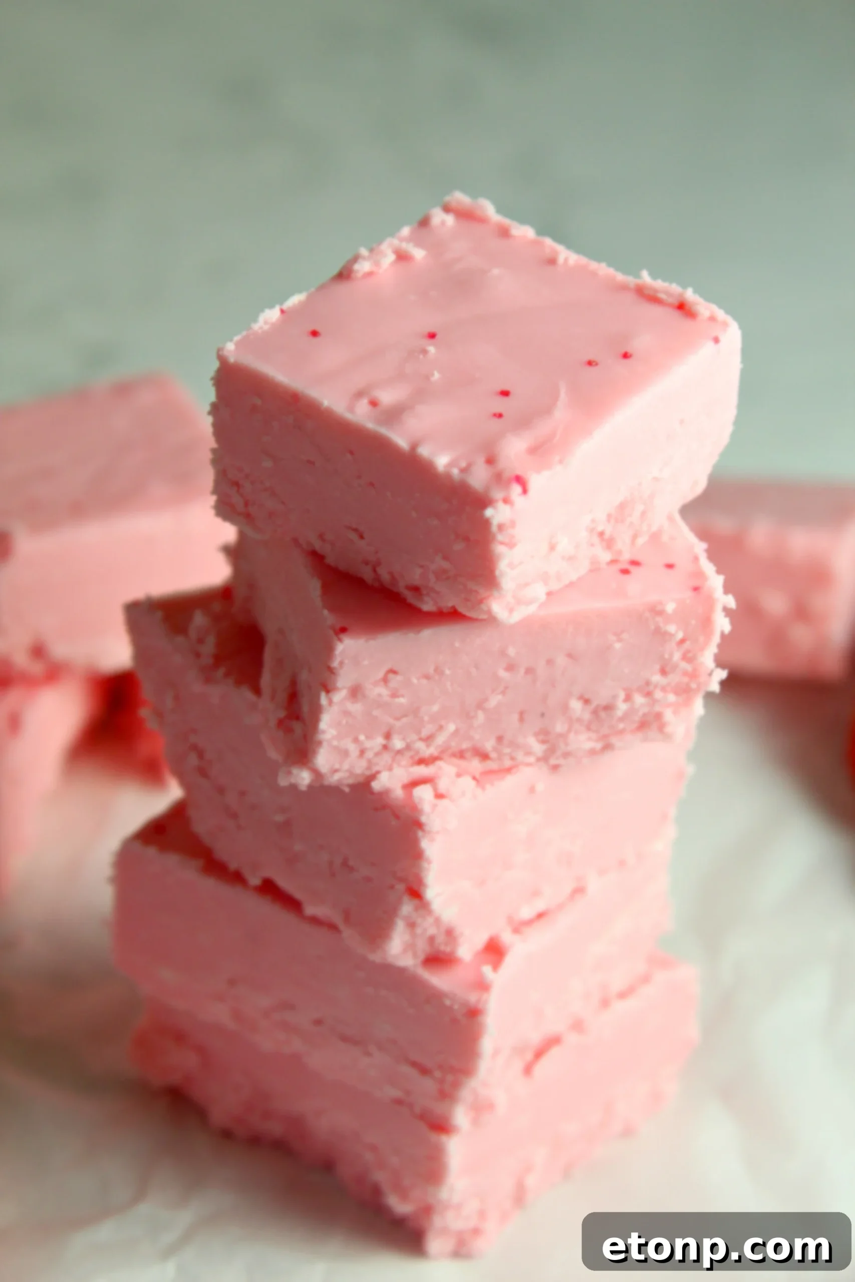 Effortless Strawberry Two-Ingredient Fudge 8 Chilled strawberry no-bake fudge, ready for cutting