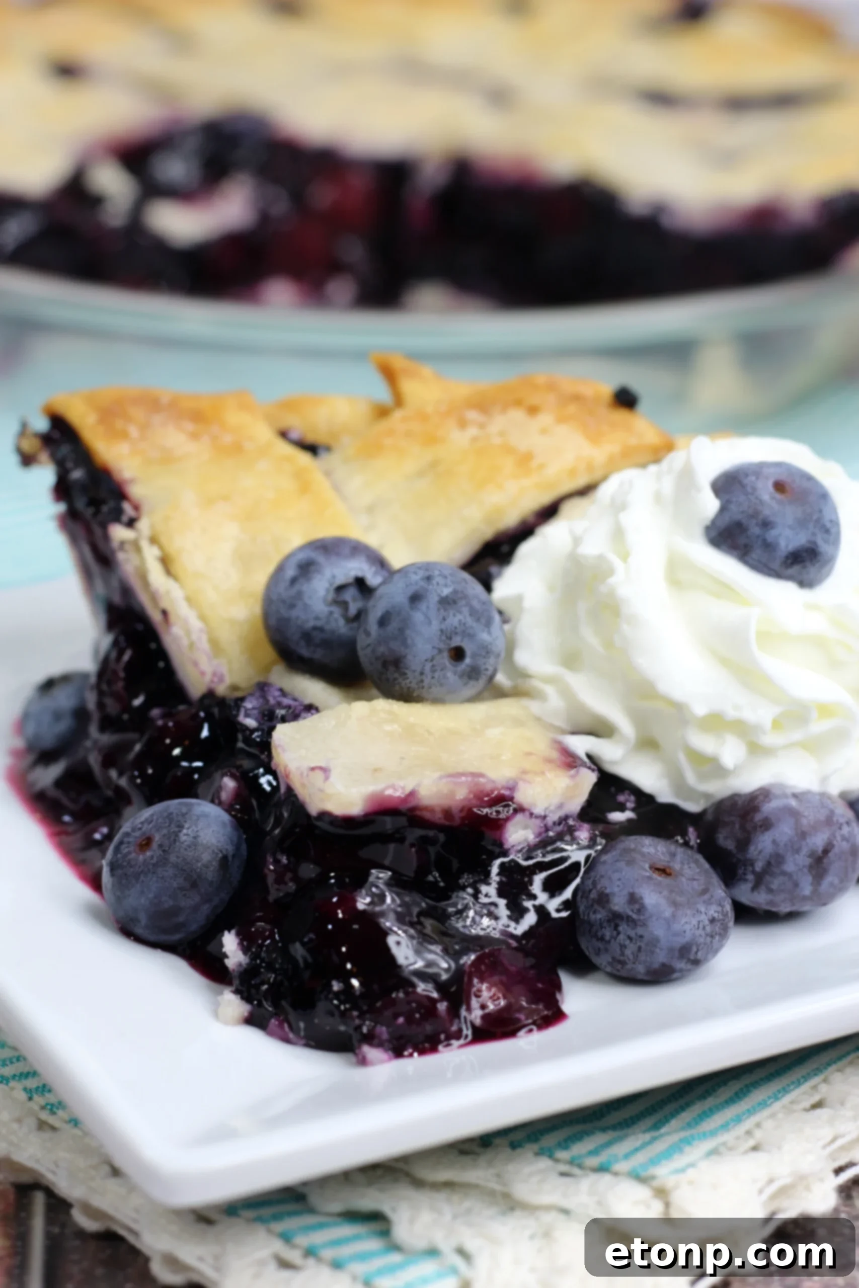 A slice of homemade blueberry pie with a beautiful lattice crust