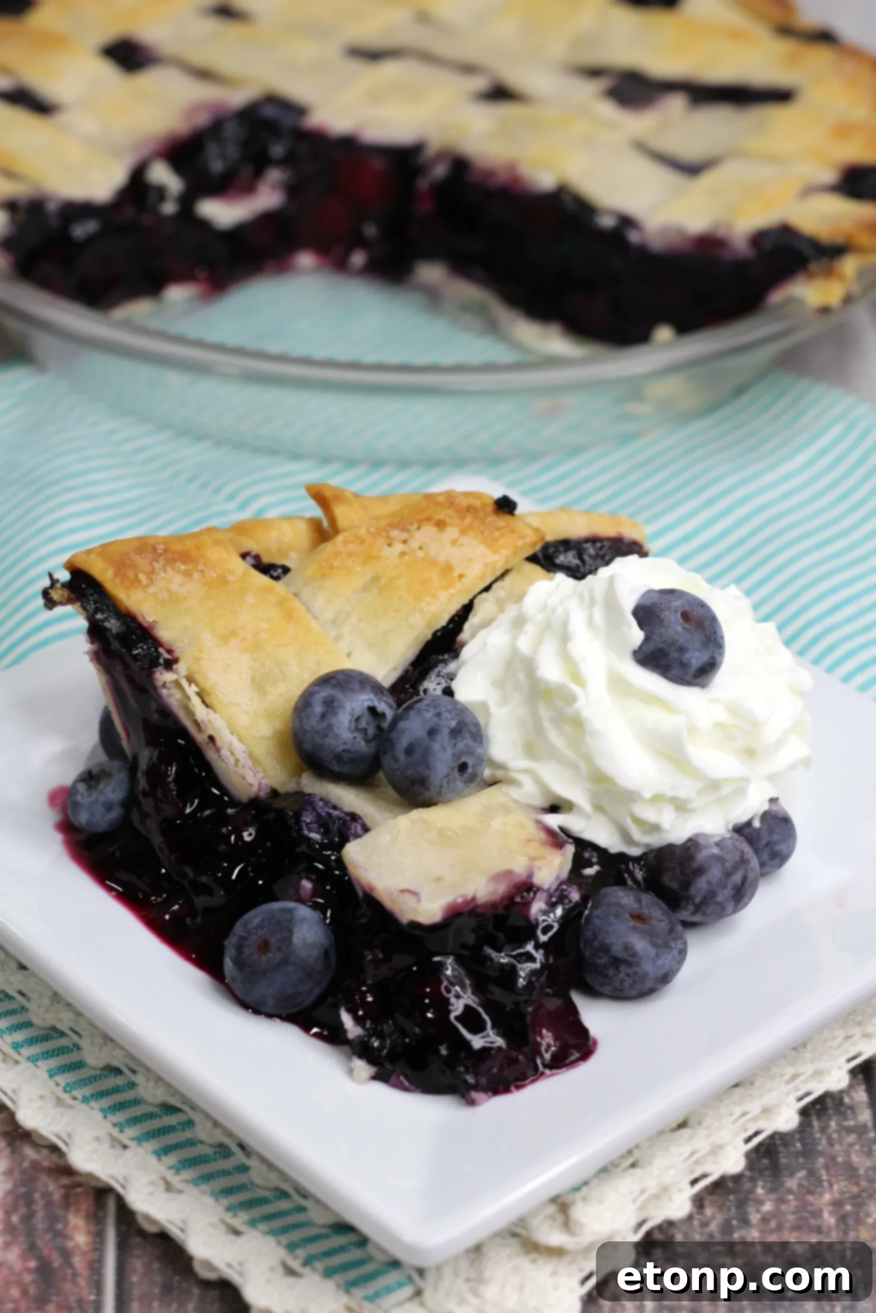 Another view of blueberry pie with toppings, ready to be enjoyed