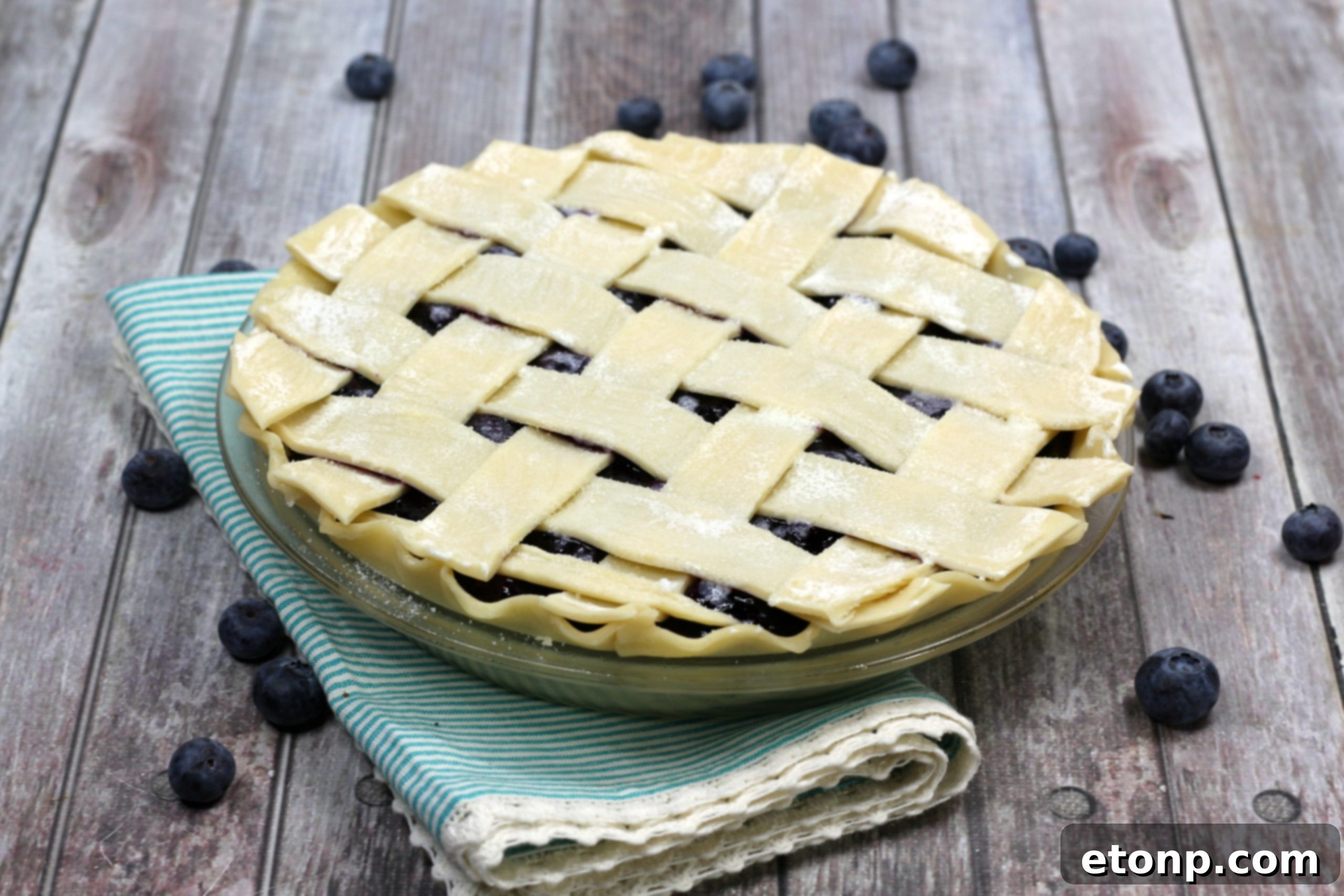 Blueberry pie cooling on a counter, waiting to be enjoyed