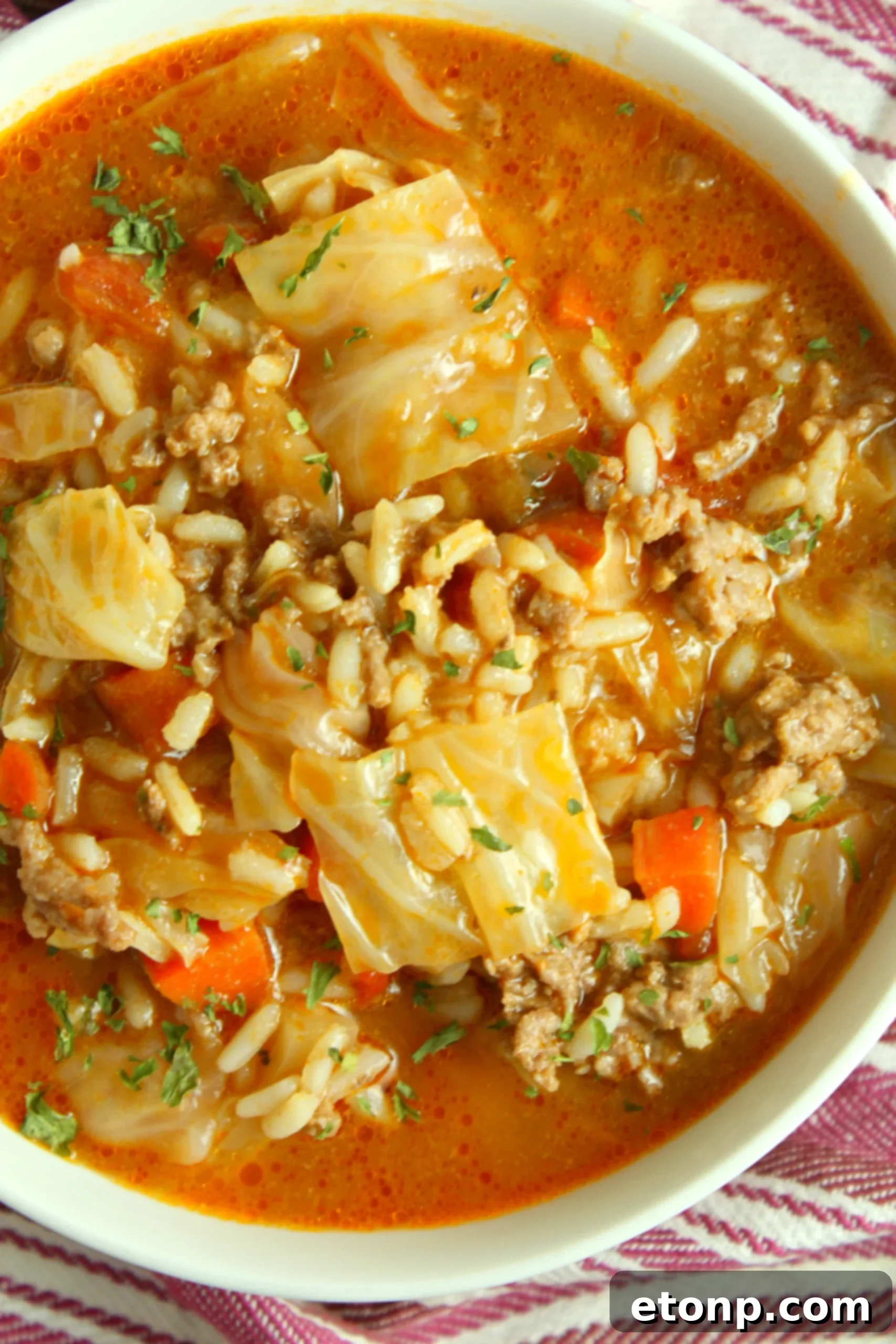 A rustic wooden spoon dipped into the cabbage roll soup, ready for a taste test and showing rich broth.