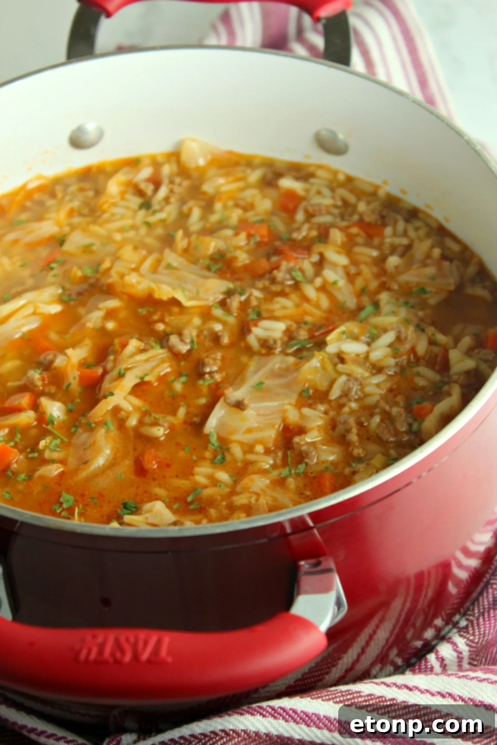 Close-up of a steaming bowl of cabbage roll soup with a spoon, highlighting the texture of the ingredients.
