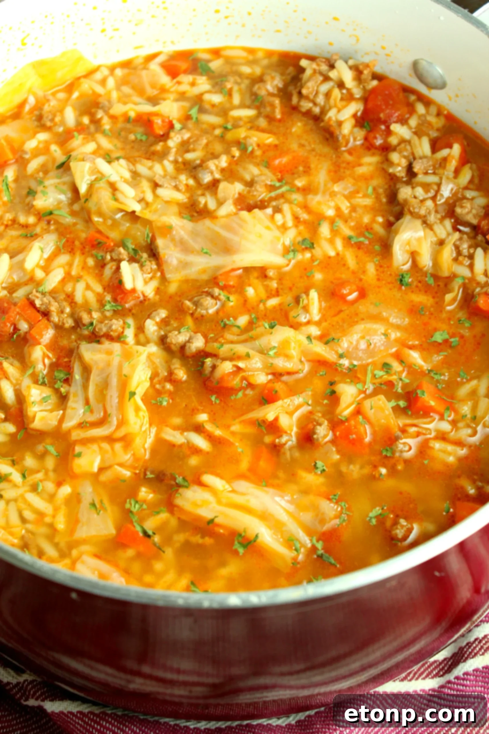 A full pot of freshly cooked cabbage roll soup, steam rising, indicating its warmth and readiness.