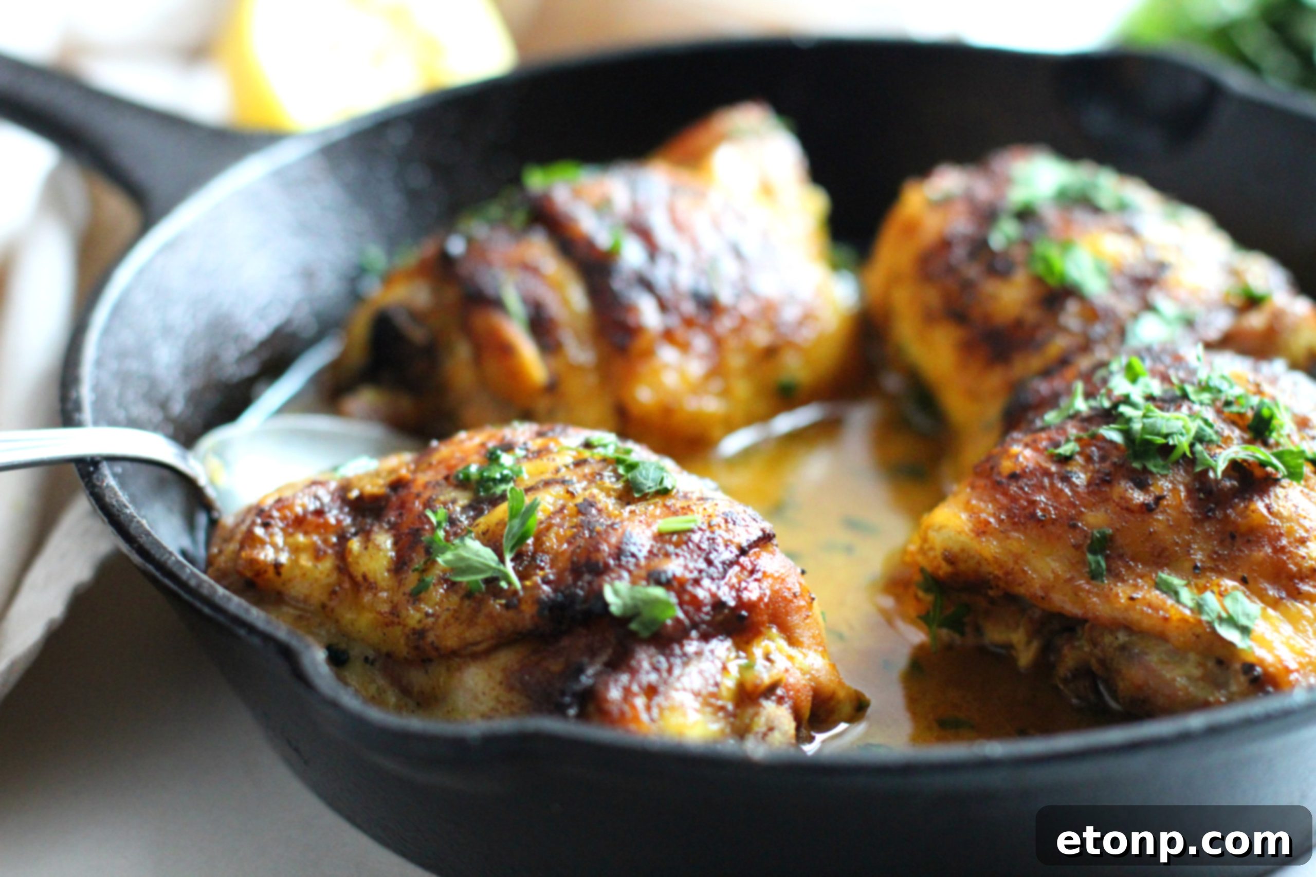 Sticky Sweet Lemon Chicken Skillet 7 Seven brown sugar lemon chicken thighs neatly arranged in a cast iron skillet, ready to serve.