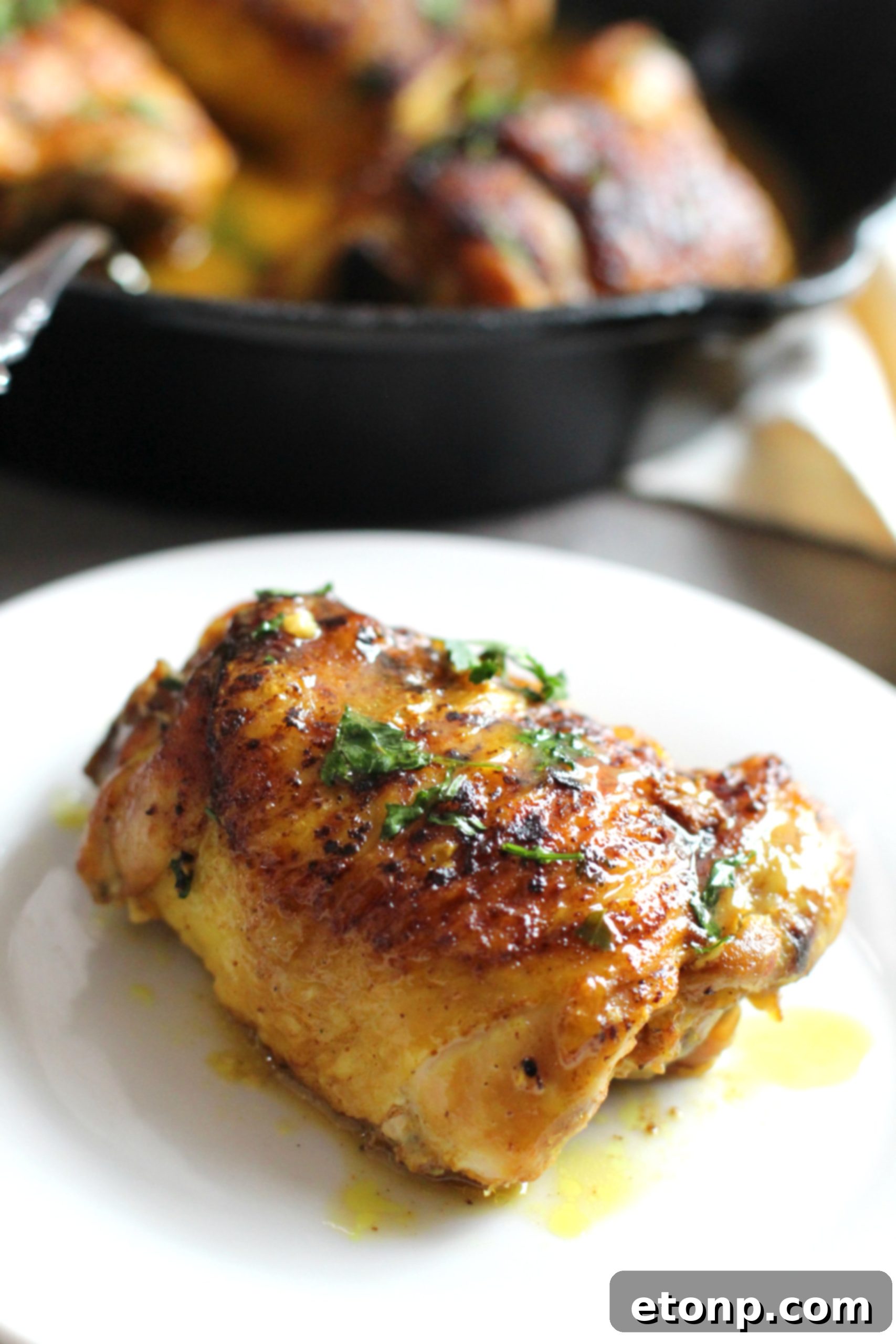 Sticky Sweet Lemon Chicken Skillet 8 An overhead shot of the brown sugar lemon chicken skillet, garnished with plenty of fresh parsley.