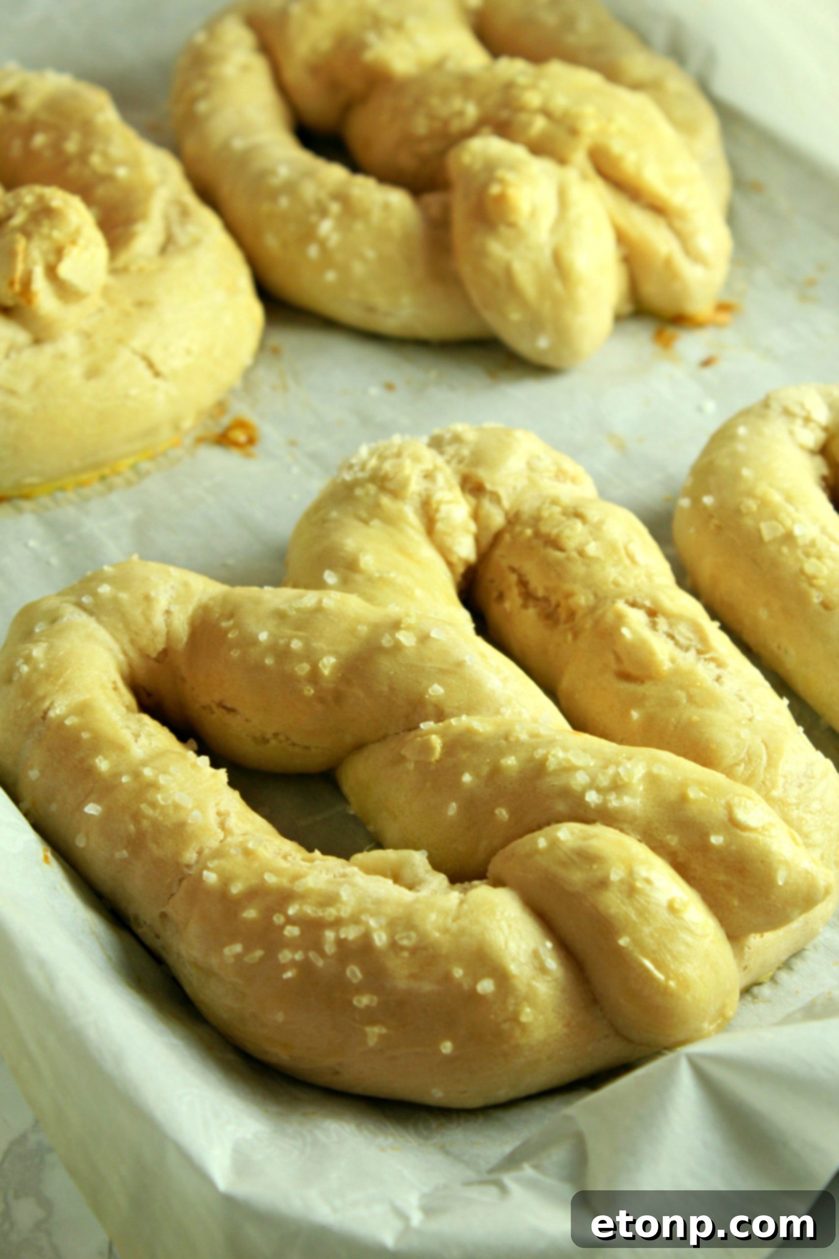 A close-up of a hand dipping a warm, buttery soft pretzel into a delicious sauce.