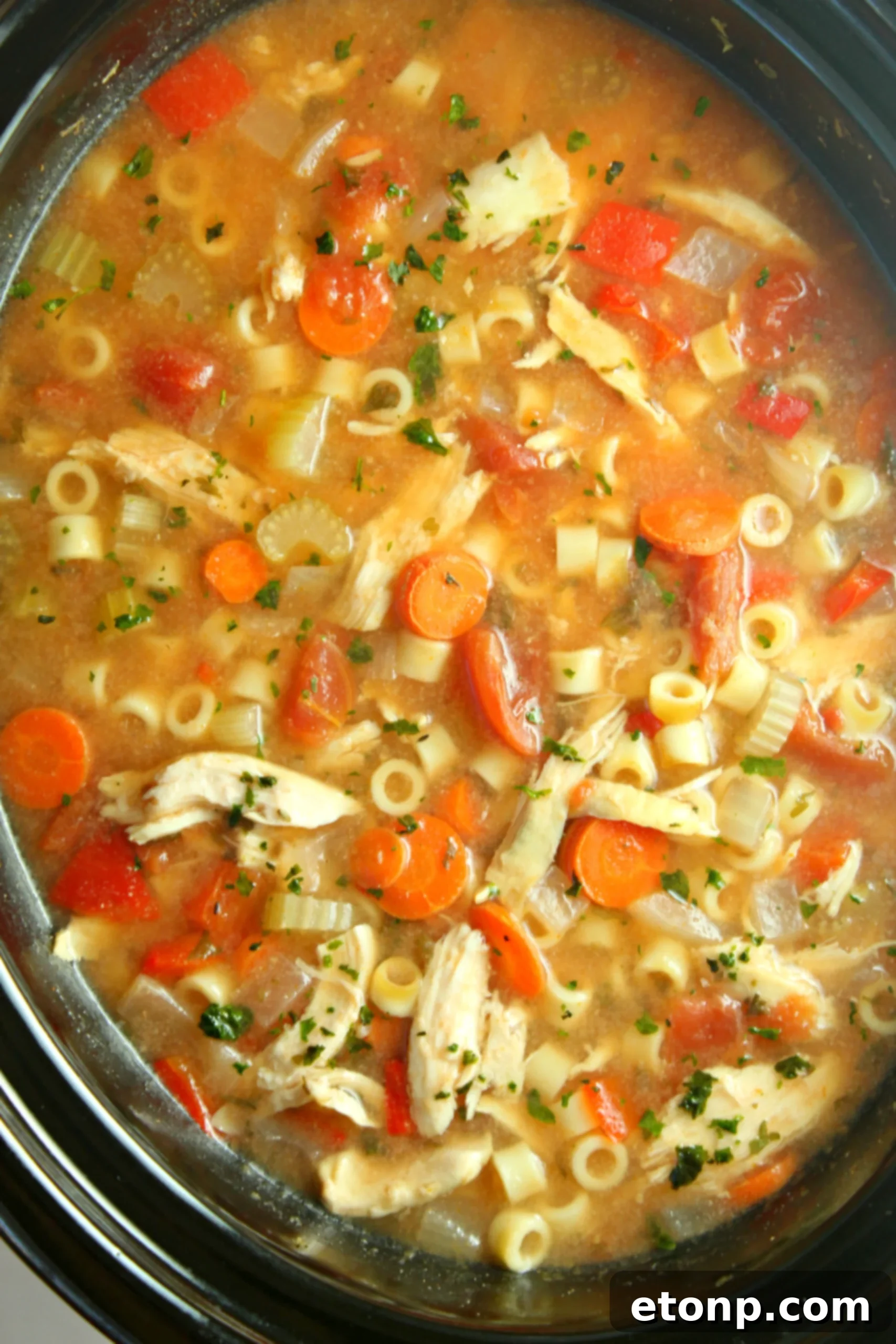 Hearty bowl of slow cooker Sicilian Chicken Soup with fresh herbs and crusty bread