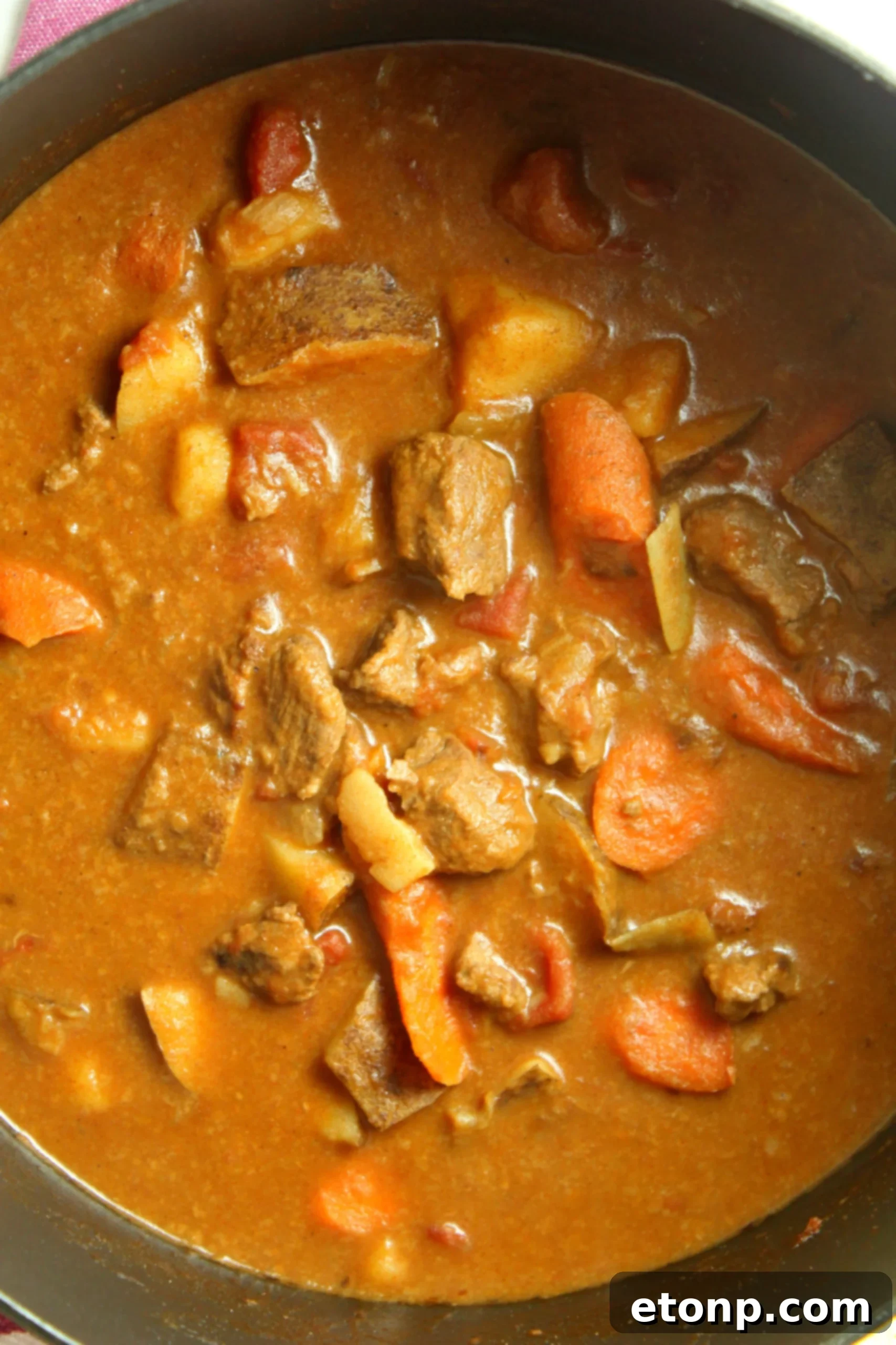 A rustic preparation of Hungarian Goulash, featuring chunks of beef simmering with onions and spices in a large pot, hinting at the depth of flavor.