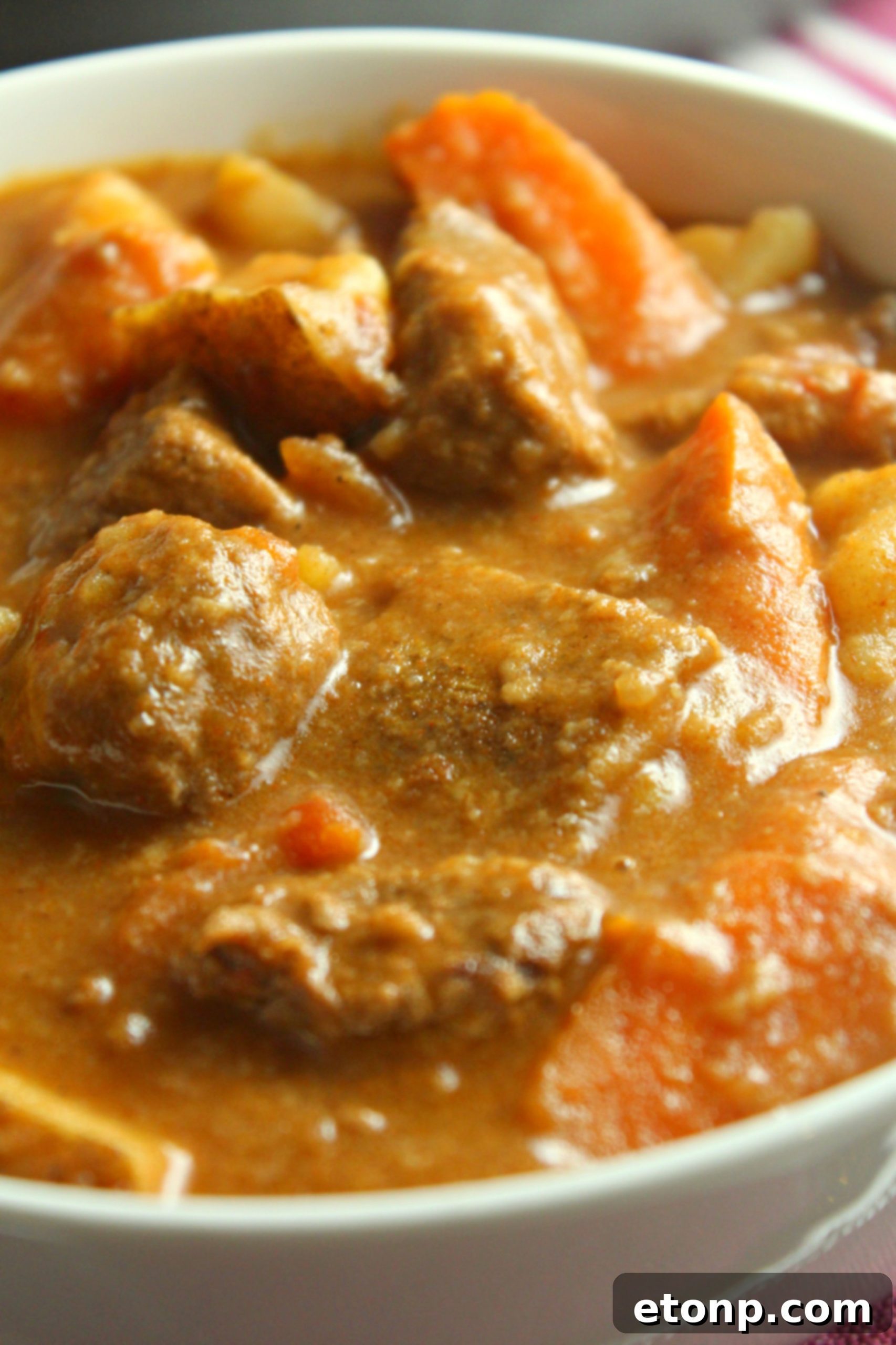 A close-up of tender beef and potatoes in Hungarian Goulash, demonstrating its perfect texture and comforting ingredients.