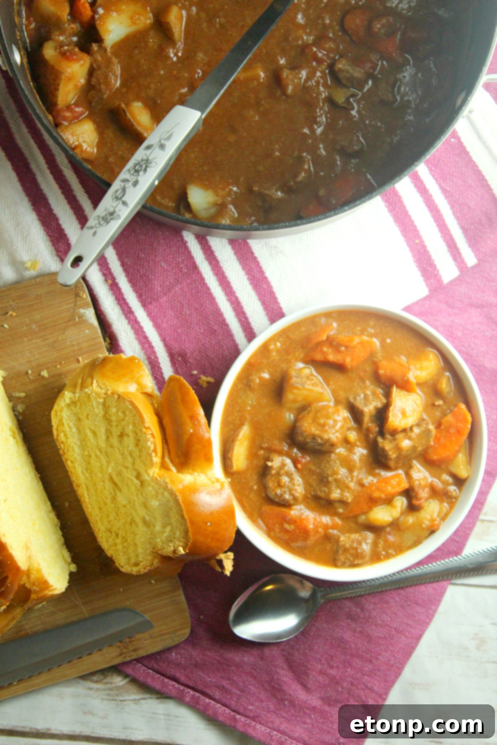 A generous serving of Hungarian Goulash in a deep bowl, perfect for a cozy and satisfying meal.