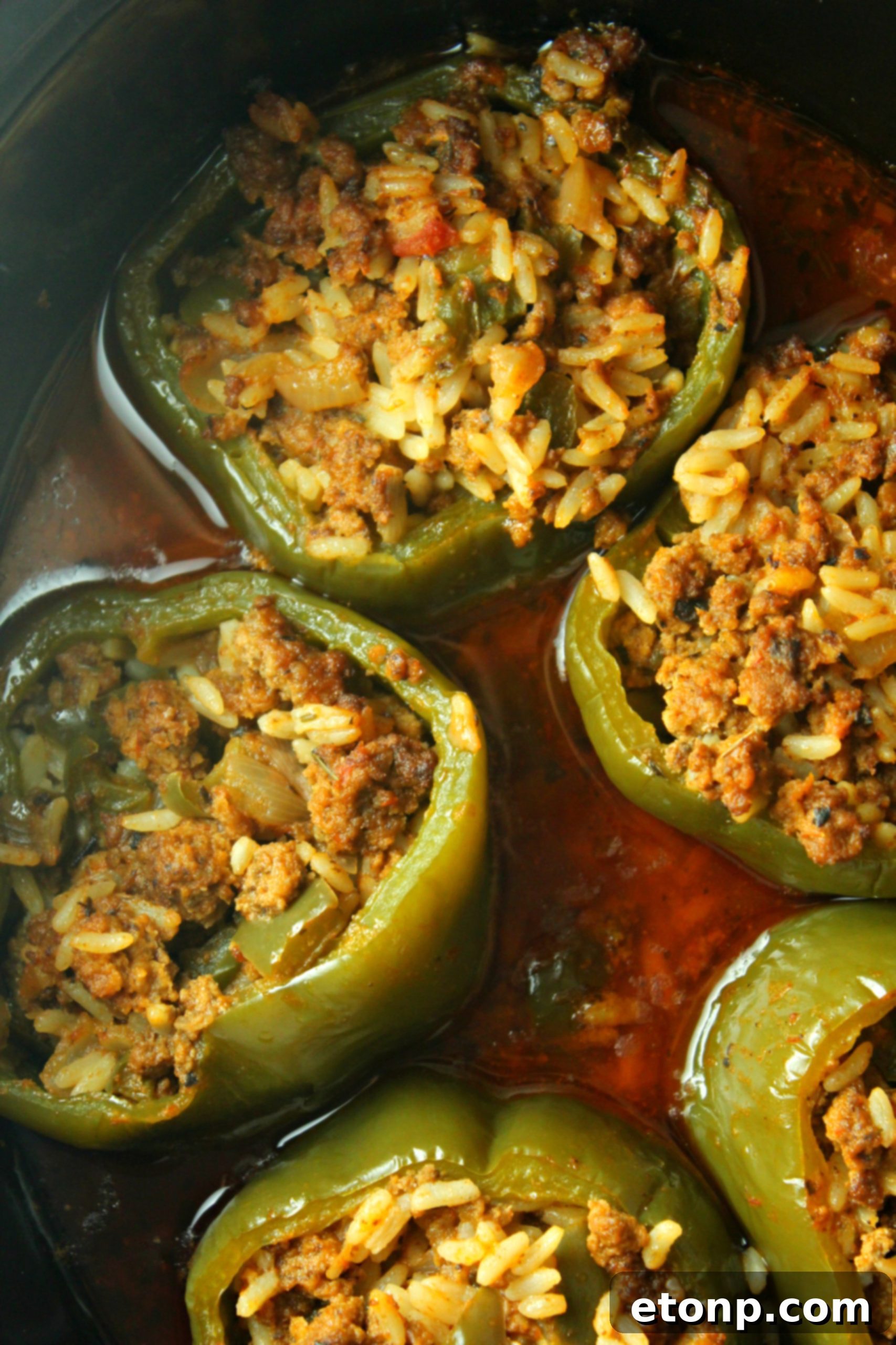 Effortless Slow Cooker Stuffed Peppers 10 A final presentation of two delicious slow cooker stuffed peppers on a white plate, garnished with fresh herbs, ready to be enjoyed.