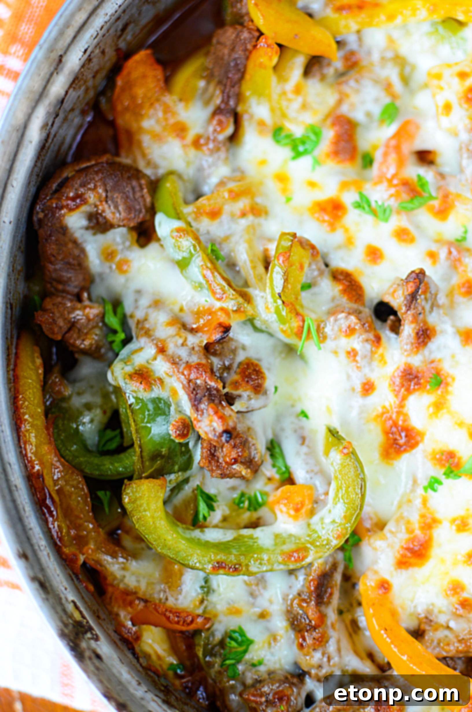 A delicious portion of the low carb Philly cheesesteak skillet served in a bowl, ready to be enjoyed.