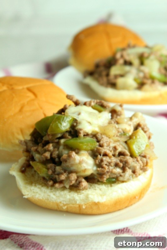Cheesesteak Sloppy Joes served in a bowl without bread, suggesting a low-carb option.